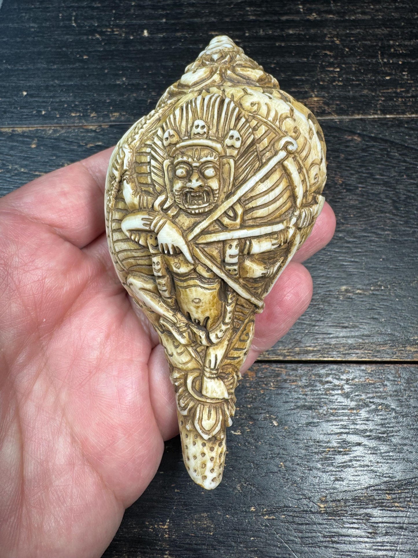 Hand Carved Tibetan Conch Shell Mahakala | Wrathful Deity Sculpture | Himalayan Buddhist Protector | Ritual Altar Decor | Rare Skull Form