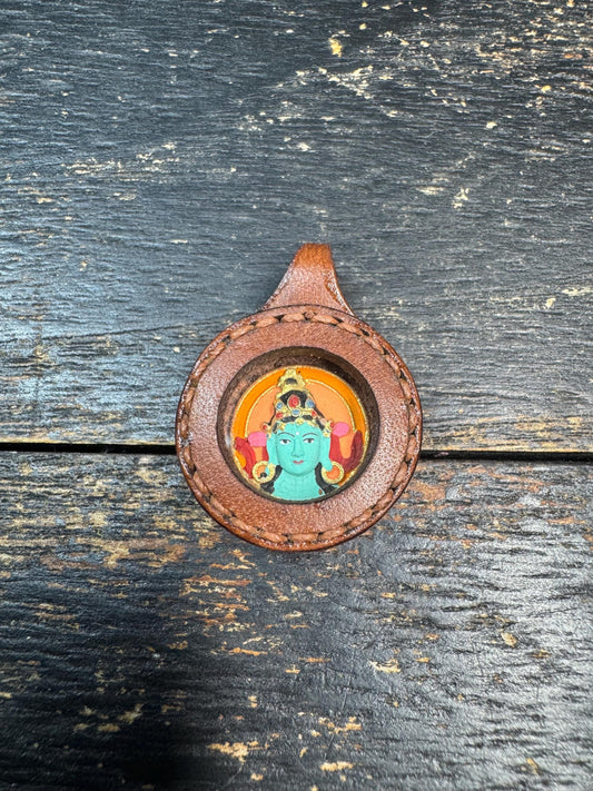 Green Tara Thangka Pendant, Tibetan Buddhist Amulet Necklace, Miniature Hand Painted Deity, Leather Framed Sacred Charm