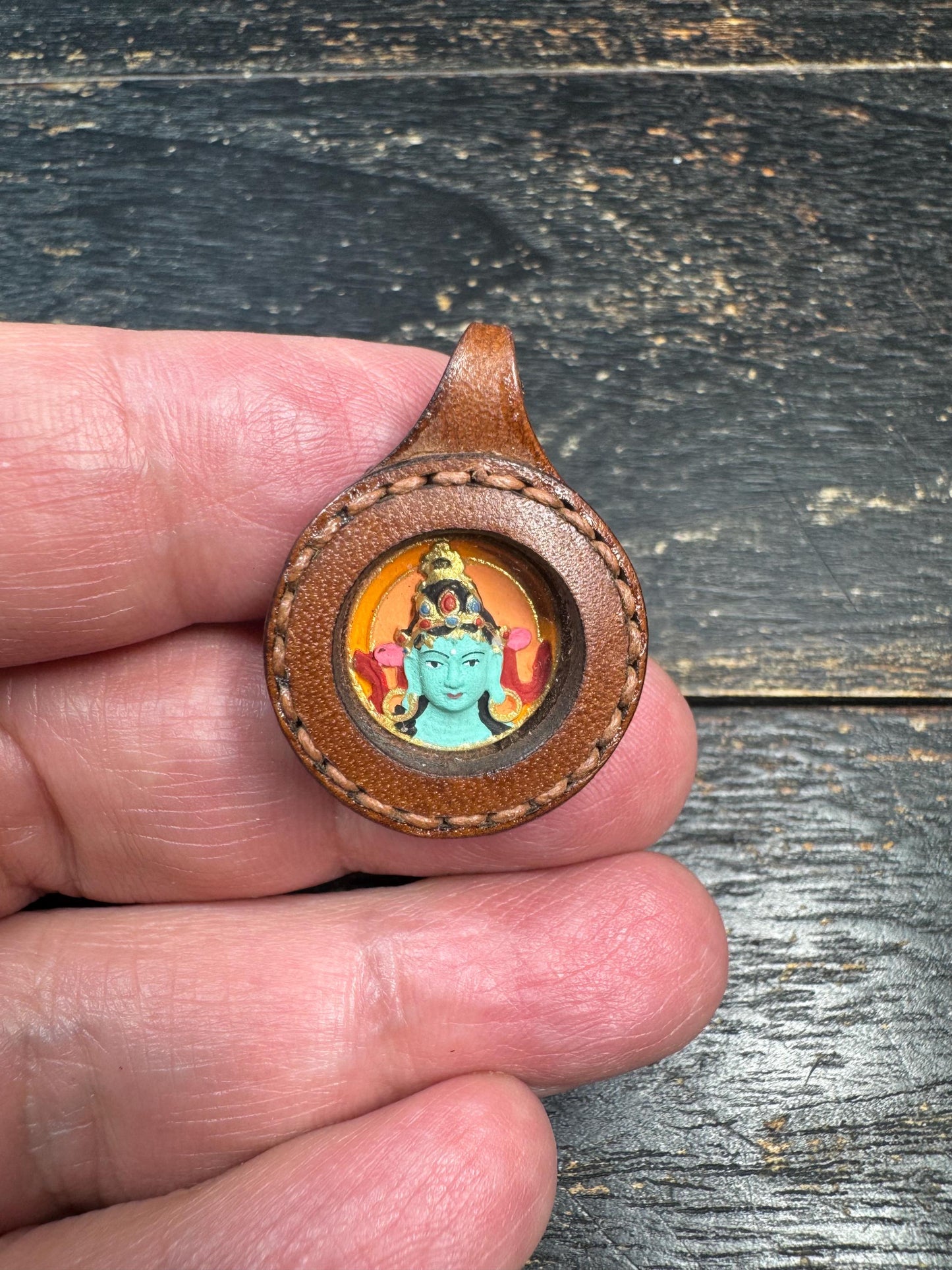 Green Tara Thangka Pendant, Tibetan Buddhist Amulet Necklace, Miniature Hand Painted Deity, Leather Framed Sacred Charm