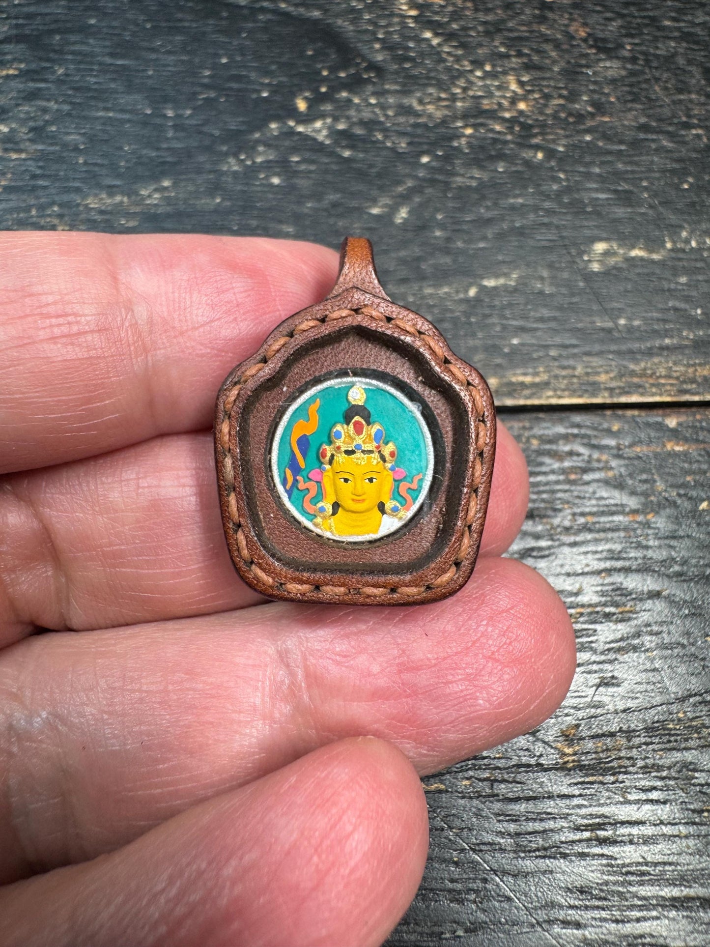 Manjushri Thangka Pendant, Tibetan Buddhist Wisdom Amulet, Mini Hand Painted Deity Necklace, Leather Framed Charm