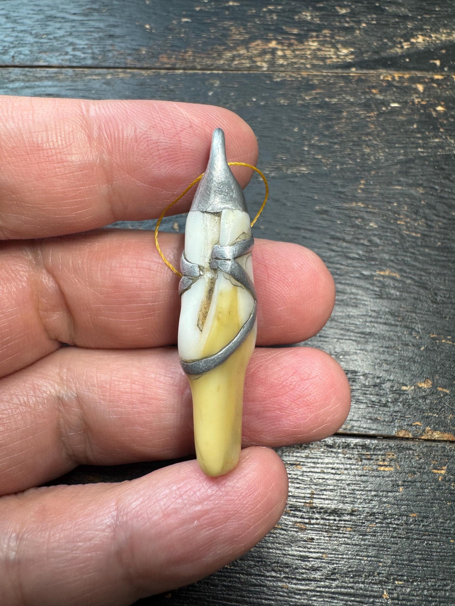 Vintage Organic Pendant with Metal Wrap – Aged Patina Amulet, Handcrafted Tribal Style Charm