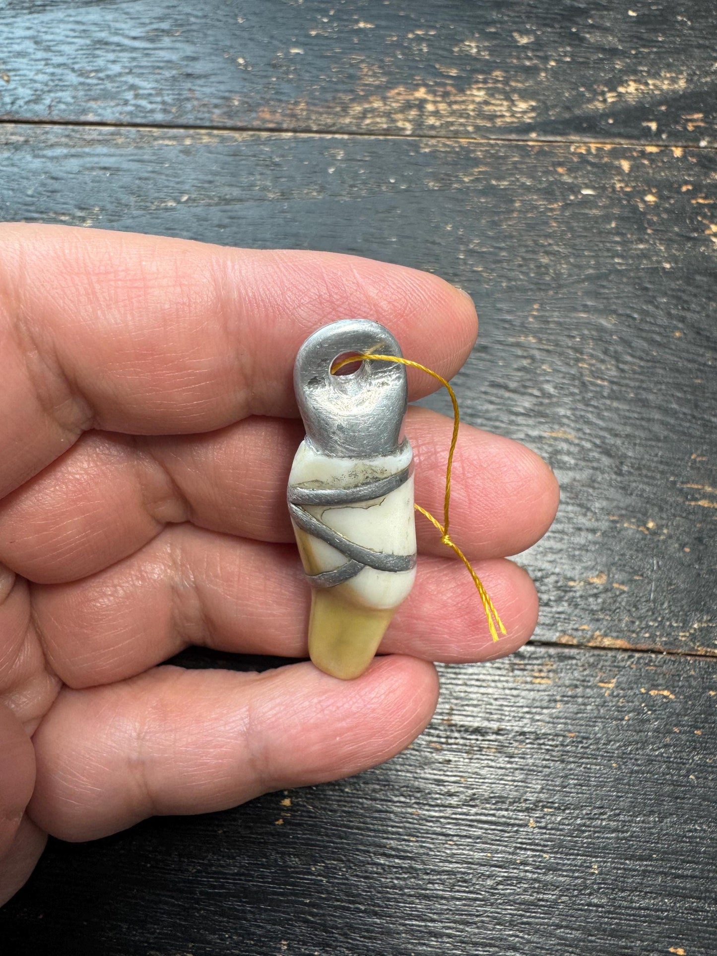 Vintage Organic Pendant with Metal Wrap – Aged Patina Amulet, Handcrafted Tribal Style Charm