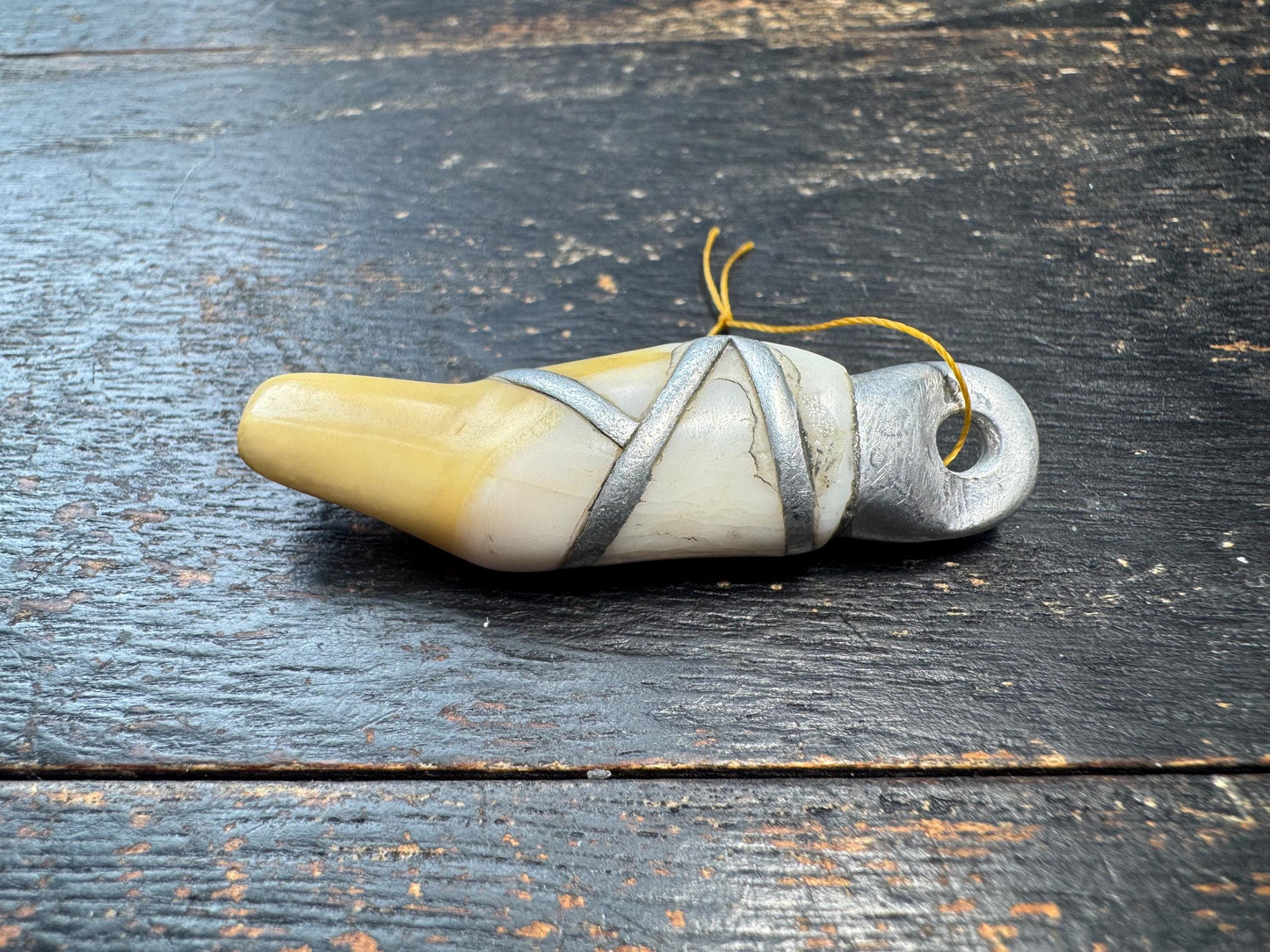 Vintage Organic Pendant with Metal Wrap – Aged Patina Amulet, Handcrafted Tribal Style Charm