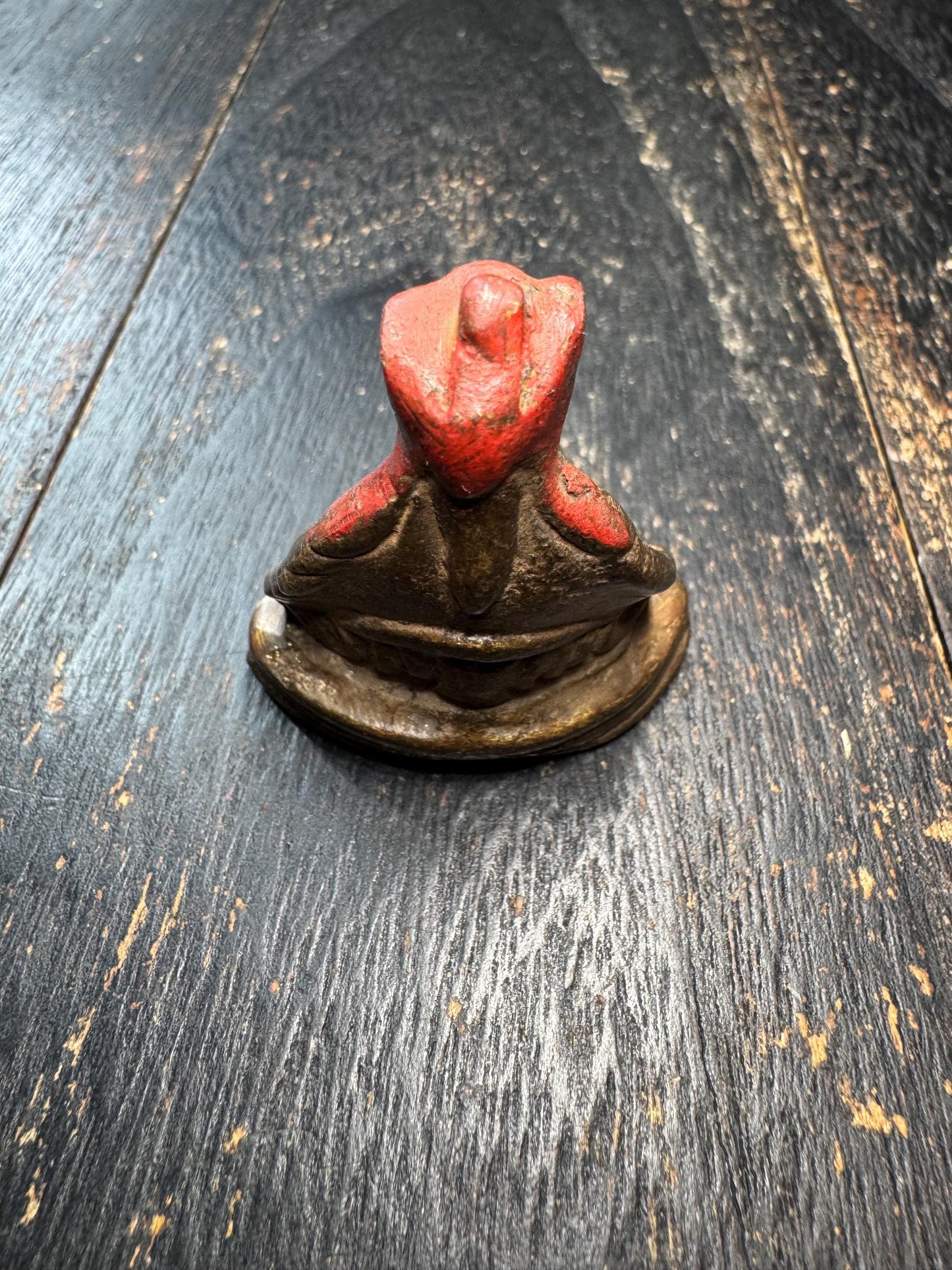 Vintage Tibetan Bronze Lama Statue – Tsongkhapa Style Guru Figurine – Small Buddhist Altar Sculpture with Red Pigment