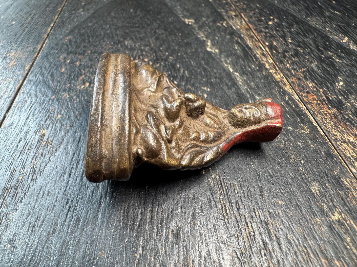 Vintage Tibetan Bronze Lama Statue – Tsongkhapa Style Guru Figurine – Small Buddhist Altar Sculpture with Red Pigment