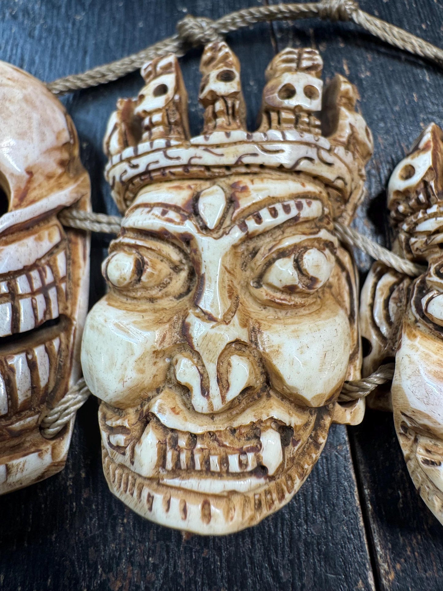 Yak Bone Citipati  Mahakala Mask Necklace – Hand Carved Skull Lords & Wrathful Protector – Tibetan Buddhist Style Ritual Pendant – Gothic