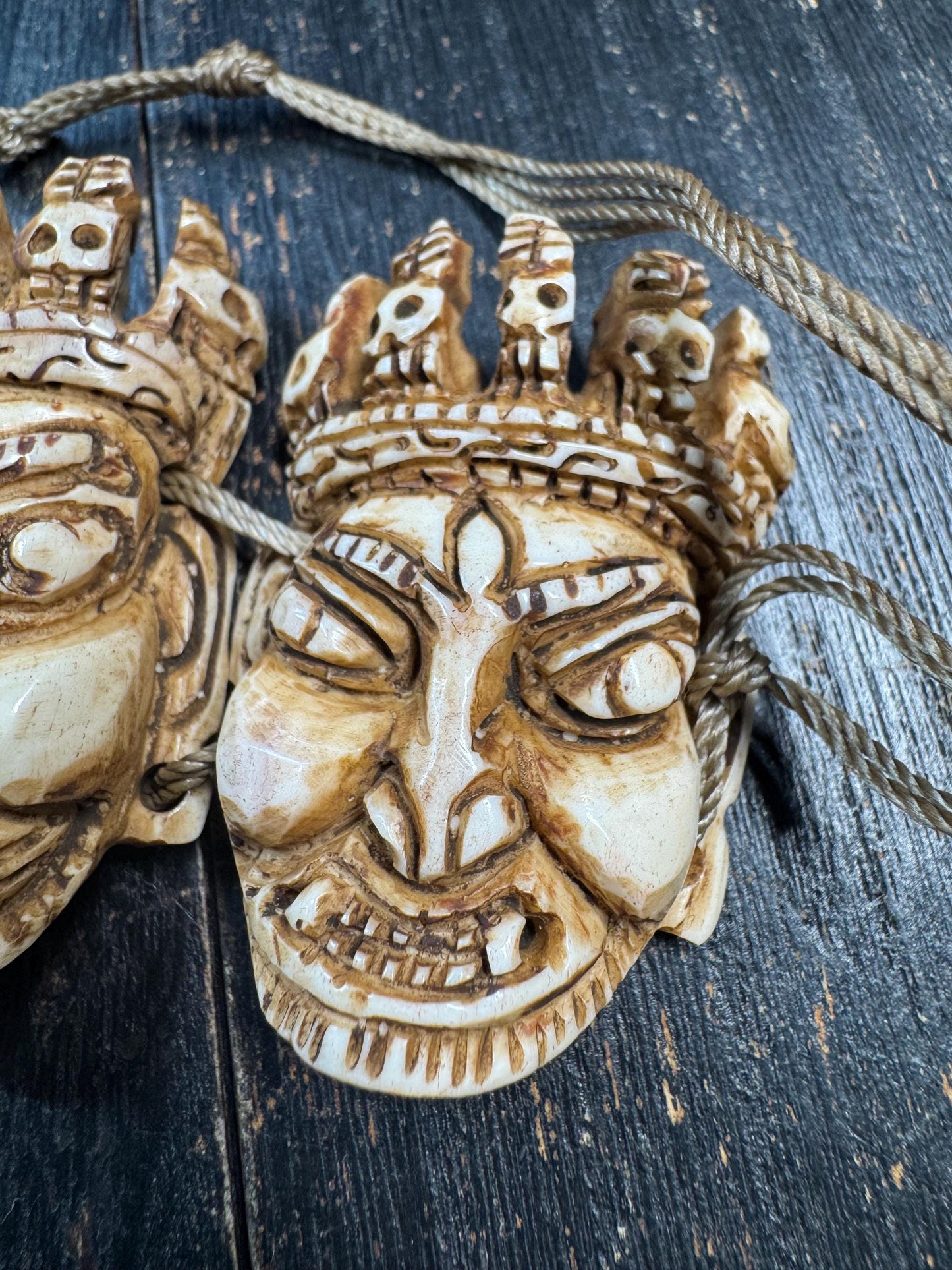 Yak Bone Citipati  Mahakala Mask Necklace – Hand Carved Skull Lords & Wrathful Protector – Tibetan Buddhist Style Ritual Pendant – Gothic