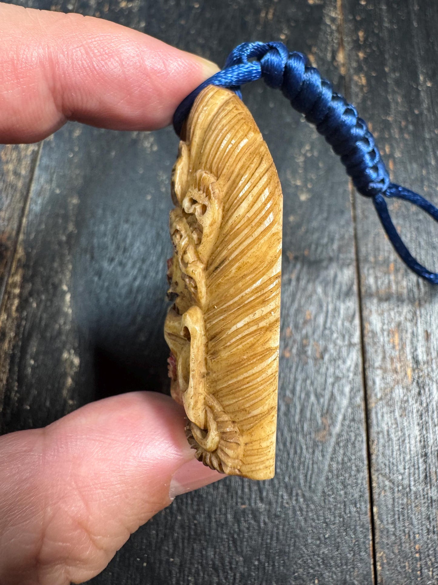 Old Tibetan Mahakala Pendant Yak Bone Carving Wrathful Protector Amulet Hand Painted Guardian Talisman
