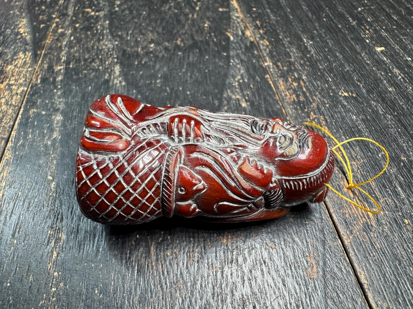 Chinese Old Fisherman Statue Pendant Amulet Yak Horn Hand Carved Longevity Symbol Folk Art Gift Collection