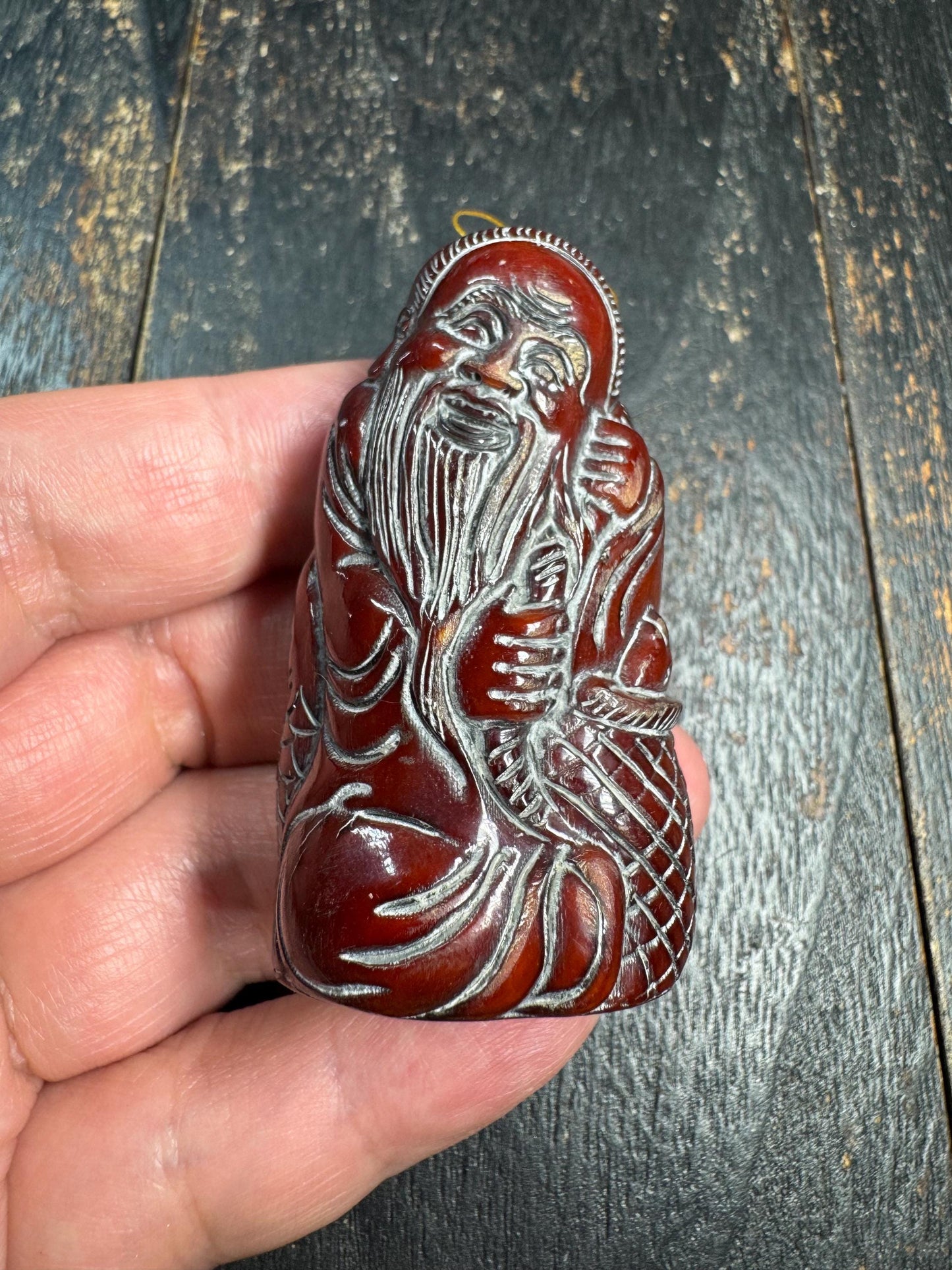Chinese Old Fisherman Statue Pendant Amulet Yak Horn Hand Carved Longevity Symbol Folk Art Gift Collection