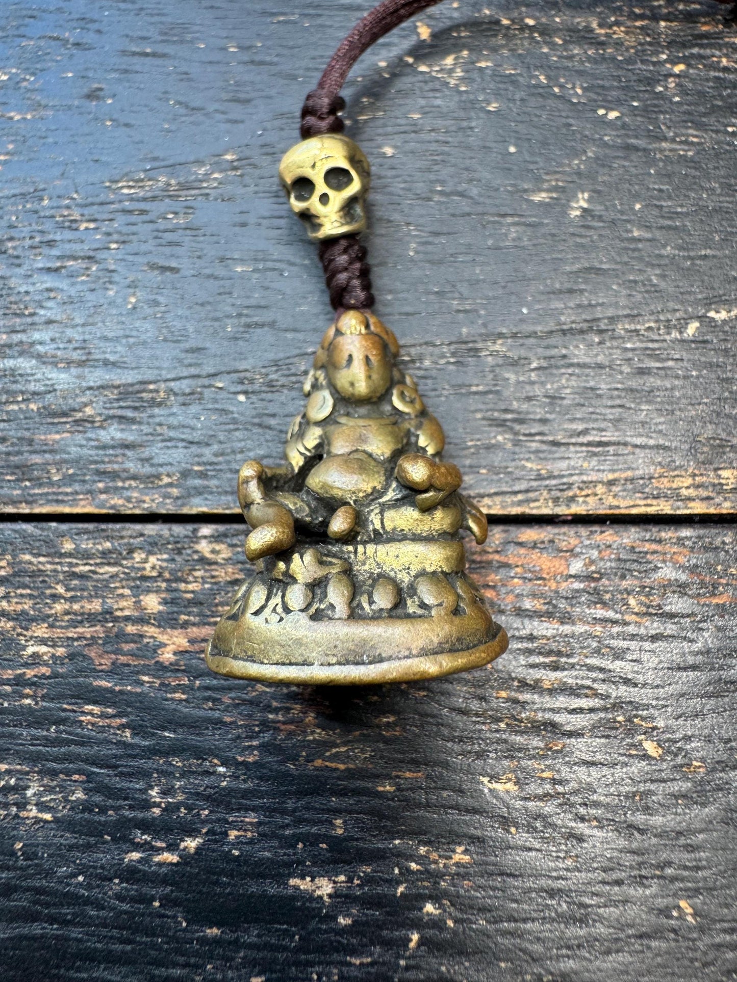 Yellow Jambhala Pendant – Tibetan Style Wealth Deity Amulet – Brass Prosperity Talisman with Skull Bead – Spiritual Necklace
