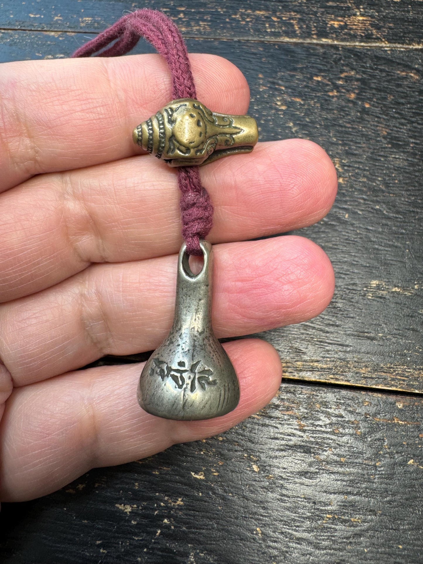 Tibetan Brass Guru Bead Set – Conch Style Three Hole Bead with Tsa-Tsa Amulet Pendant – Mala Making Component – Vintage Inspired