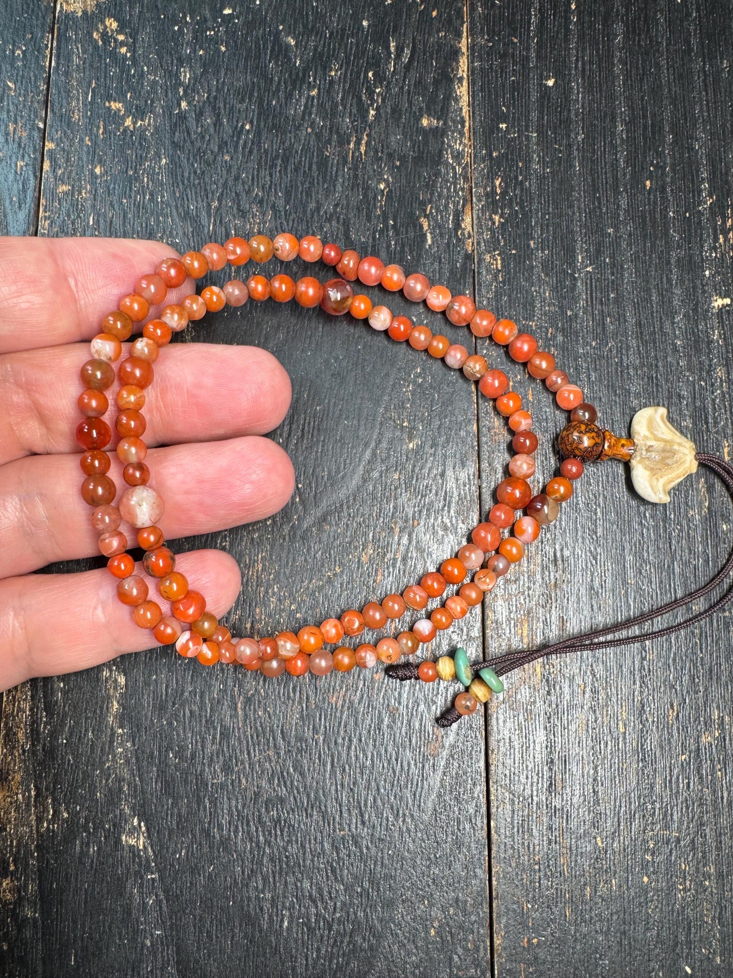 Mini Nanhong Agate 108 Mala Necklace | Fine Small Bead Red Agate Mala | Bodhi Guru Bead | Deer Antler Bat Pendant | Meditation Jewelry