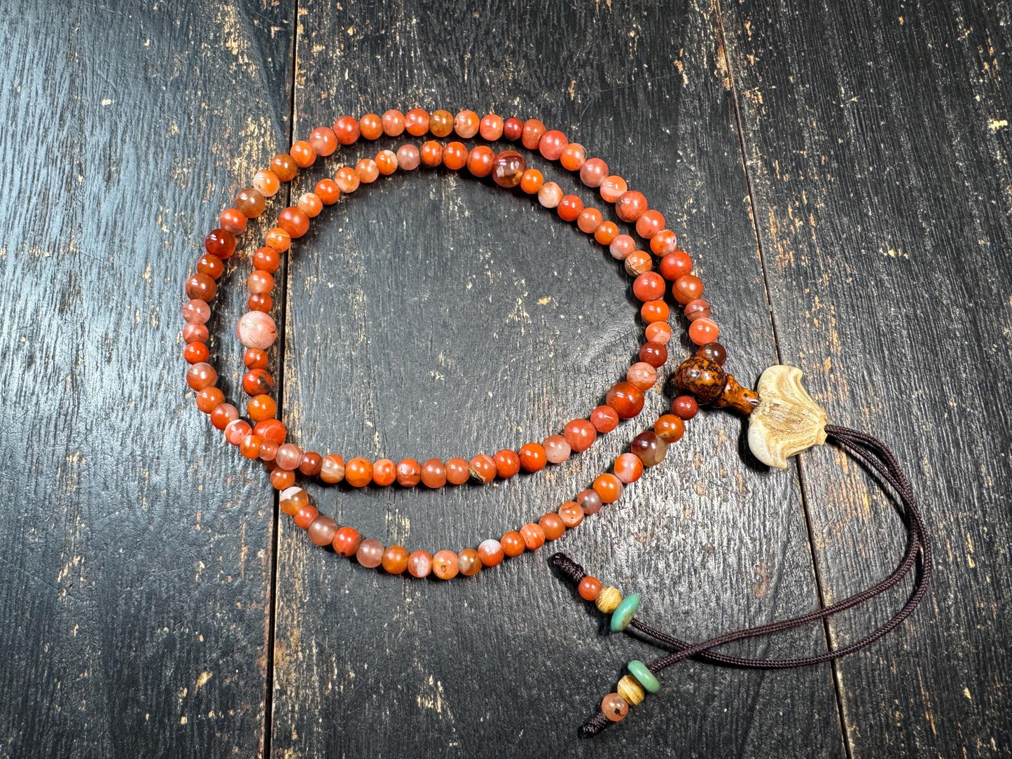 Mini Nanhong Agate 108 Mala Necklace | Fine Small Bead Red Agate Mala | Bodhi Guru Bead | Deer Antler Bat Pendant | Meditation Jewelry