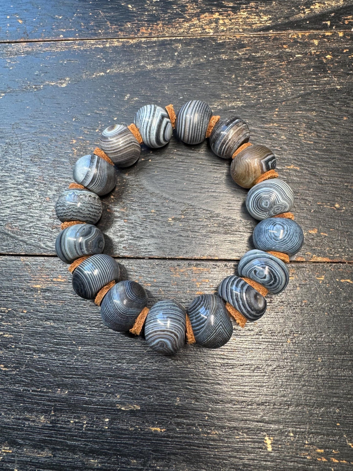 Black Banded Agate Mala Bracelet, XL 18mm Prayer Beads, Adjustable 9 inch Wrist, Tibetan Style Stretch Bracelet with Leather Spacers