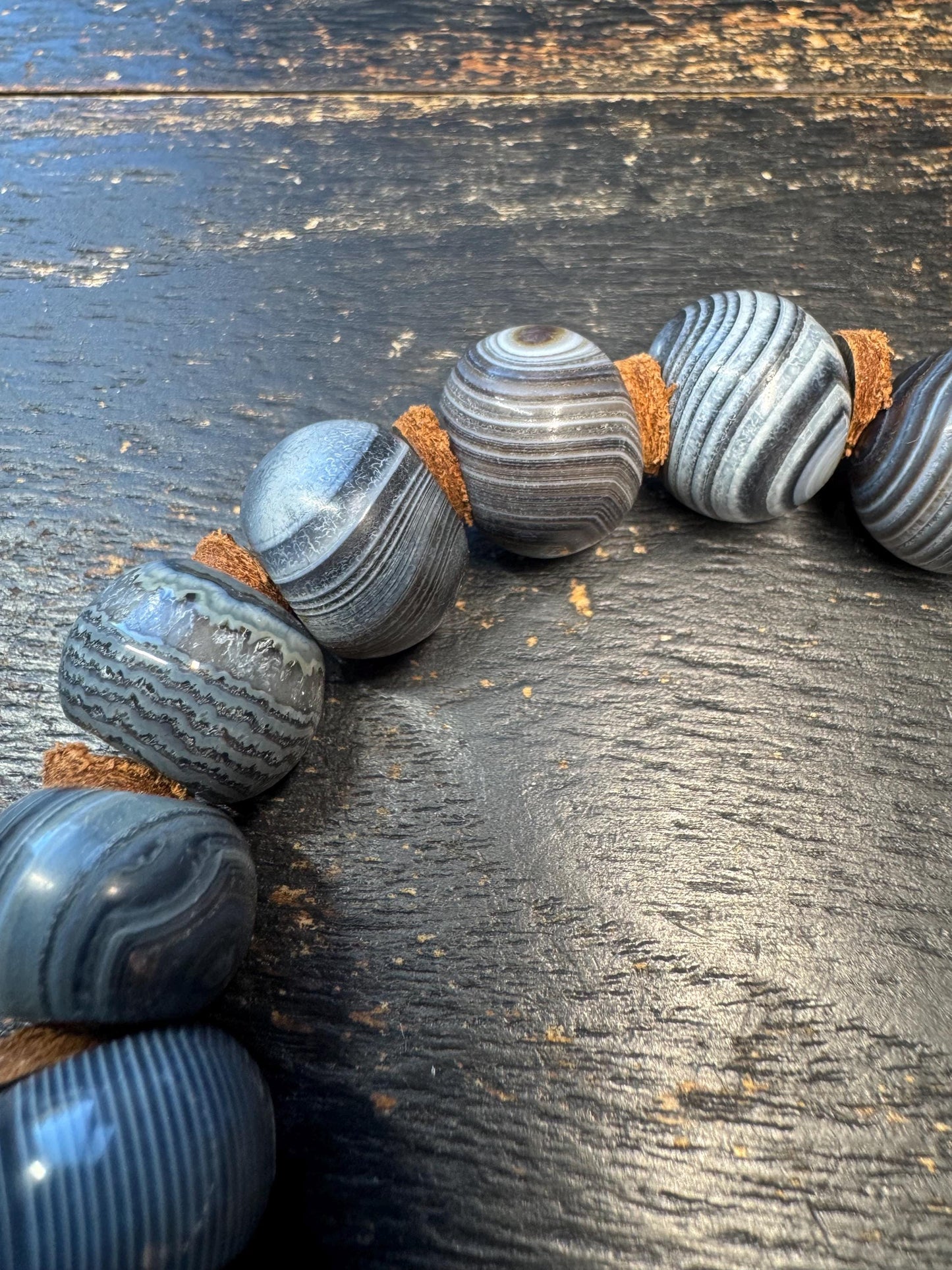 Black Banded Agate Mala Bracelet, XL 18mm Prayer Beads, Adjustable 9 inch Wrist, Tibetan Style Stretch Bracelet with Leather Spacers