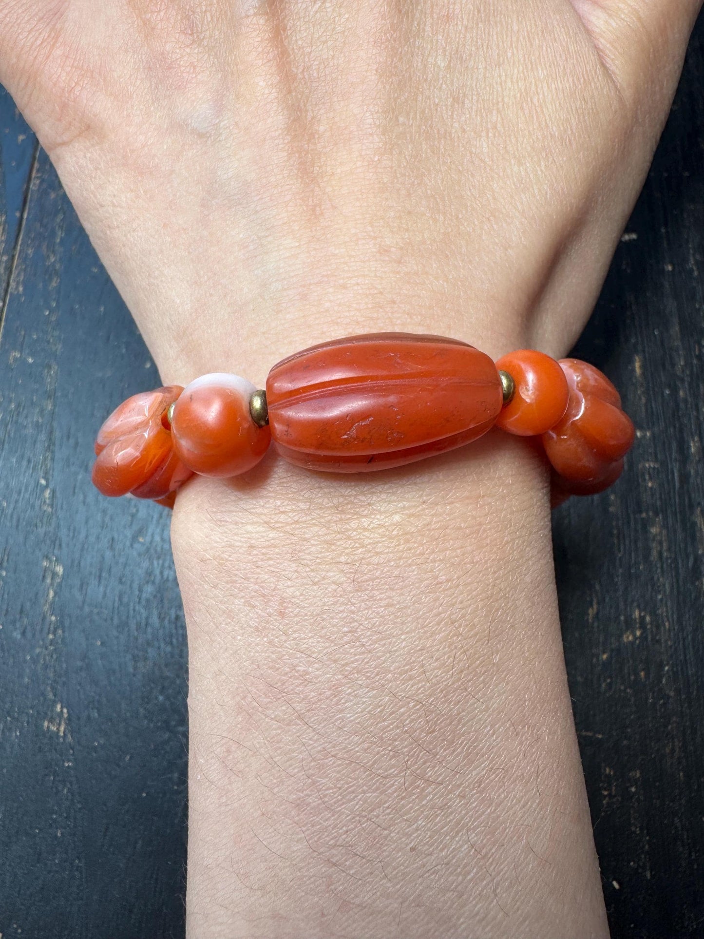 Natural Nanhong Agate Bracelet – Large Barrel Beads, Warm Red Carnelian Tones, Statement Stretch Bracelet, Artisan Jewelry