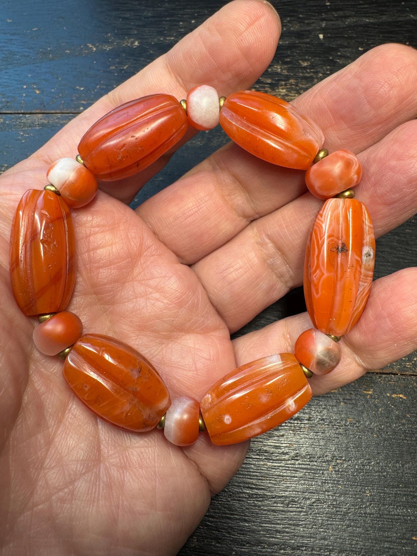 Natural Nanhong Agate Bracelet – Large Barrel Beads, Warm Red Carnelian Tones, Statement Stretch Bracelet, Artisan Jewelry