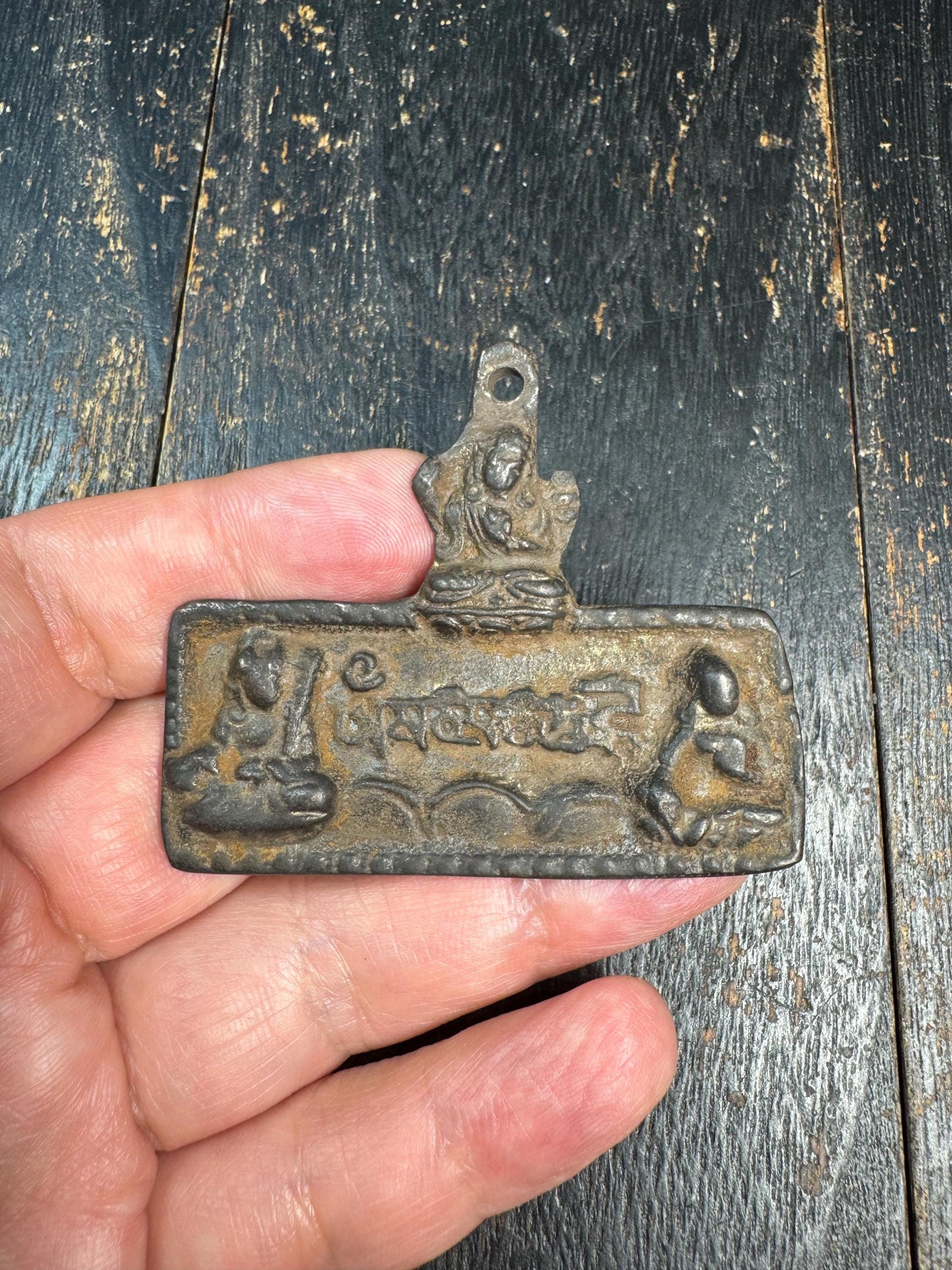 Old Tibetan Bronze Om Mani Padme Hum Amulet Pendant | Six Syllable Mantra Protection Talisman | Buddhist Gau Charm Necklace