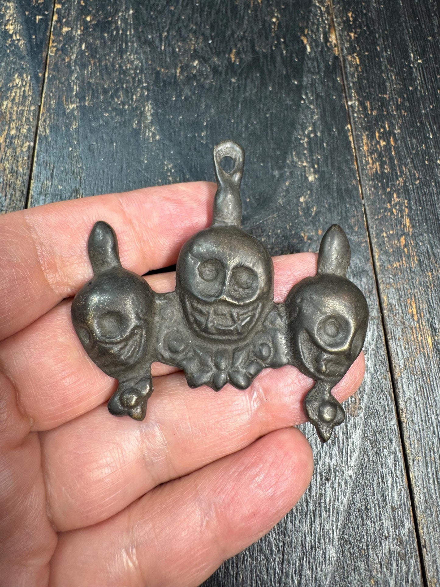 Vintage Tibetan Bronze Skull Amulet Pendant | Triple Skull Protector Talisman | Himalayan Tribal Charm
