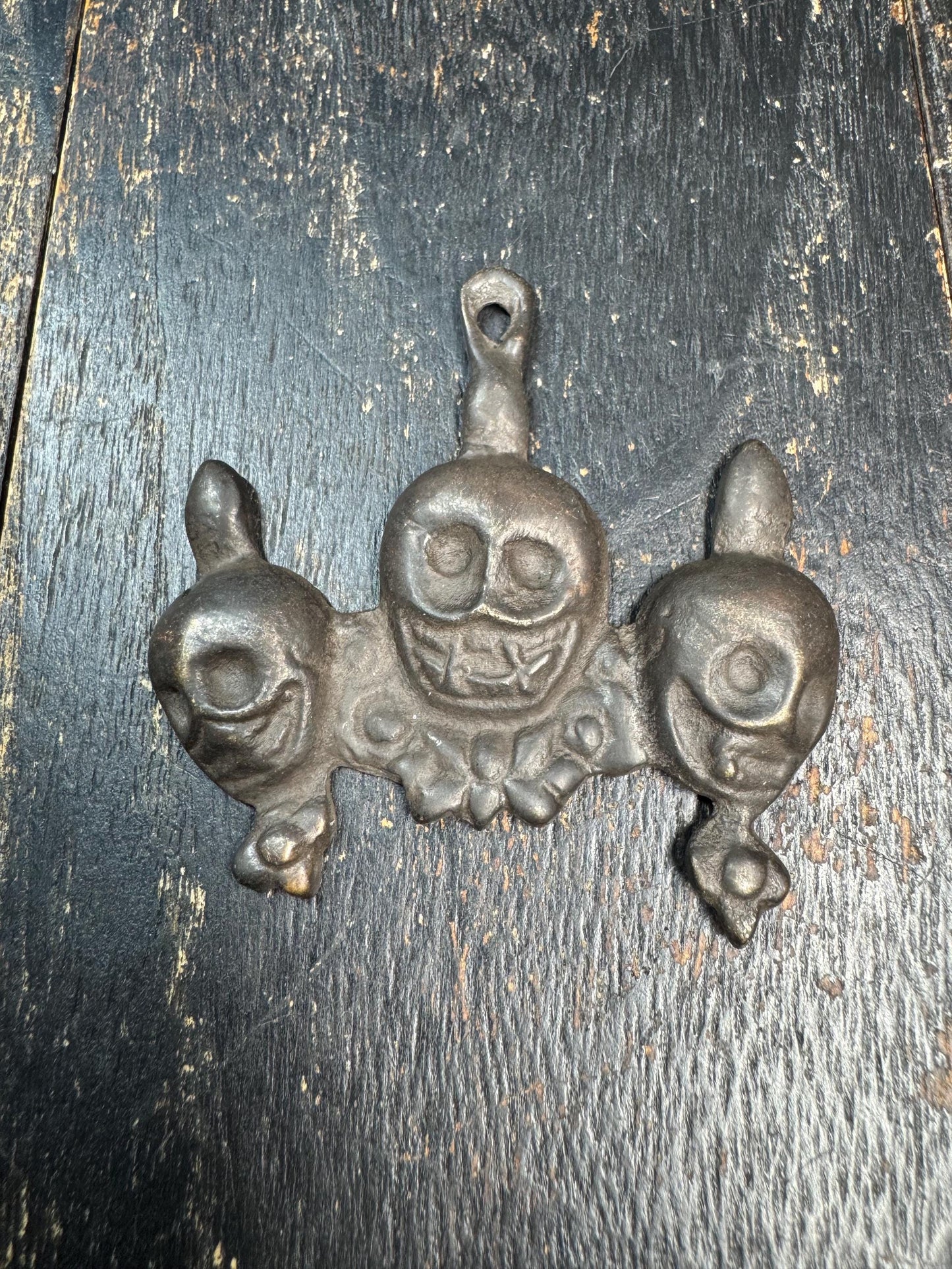 Vintage Tibetan Bronze Skull Amulet Pendant | Triple Skull Protector Talisman | Himalayan Tribal Charm