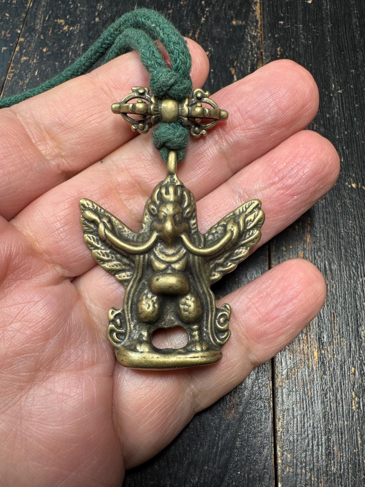 Tibetan Brass Garuda Pendant with Vajra – Buddhist Protection Amulet Necklace – Vintage Style Spiritual Talisman