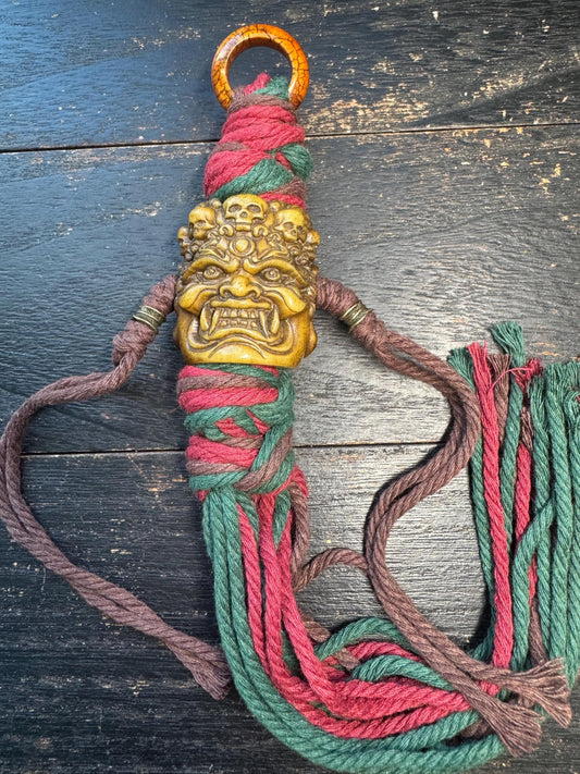 Hand Carved Yak Bone Wrathful Deity Pendant, Tibetan Nepal Protection Talisman, Large Spiritual Amulet with Braided Cord