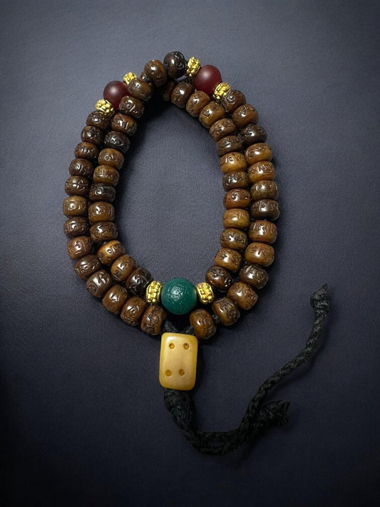 Handmade Yak Bone Bead Bracelet | Tibetan Handheld Mala Prayer Beads with Six-Word Mantra
