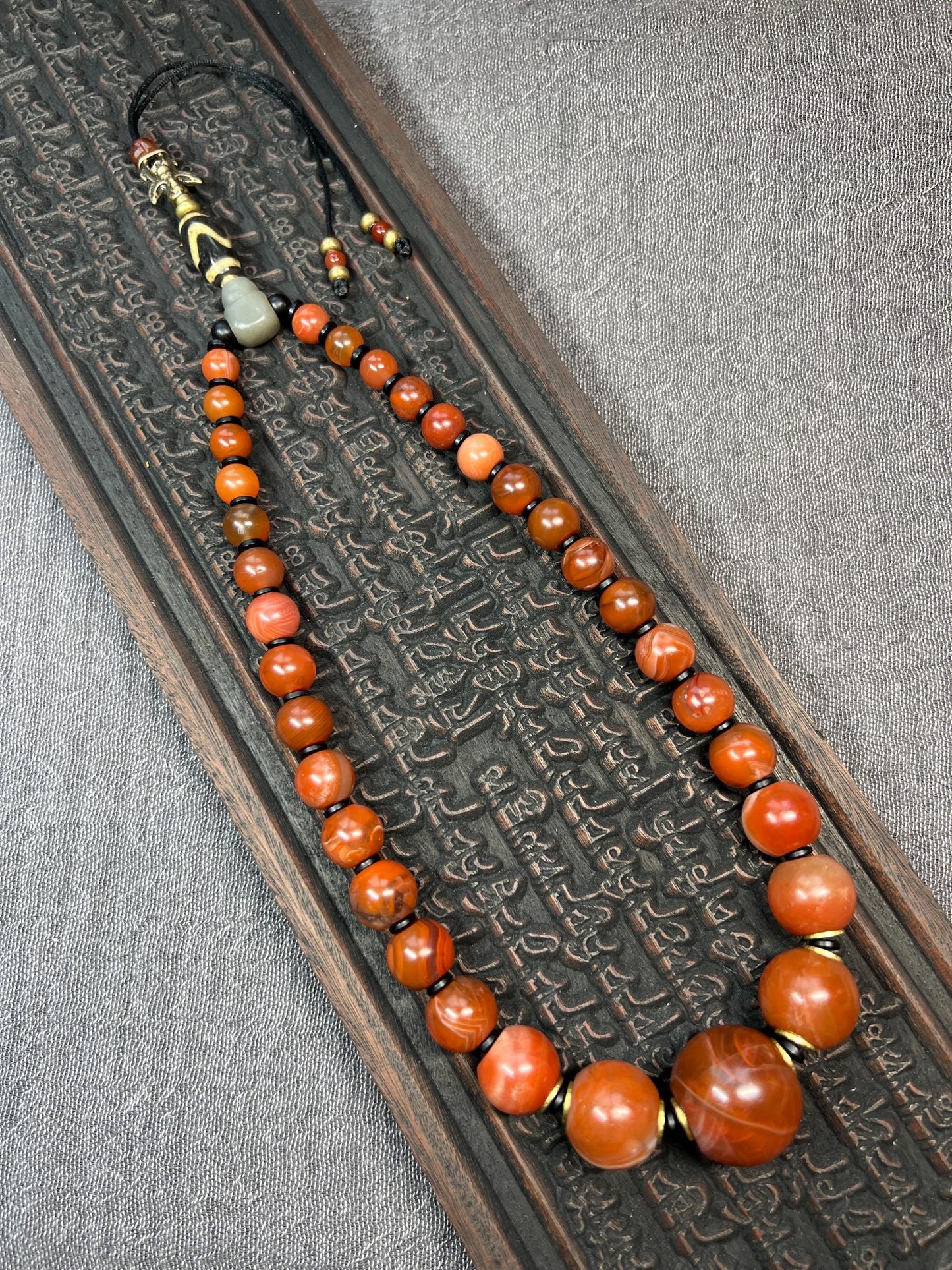 Tibetan Red Agate Mala Necklace – Dzi Bead, Brass Garuda, Adjustable, 18” (Nanhong Agate, Meditation Prayer Beads)