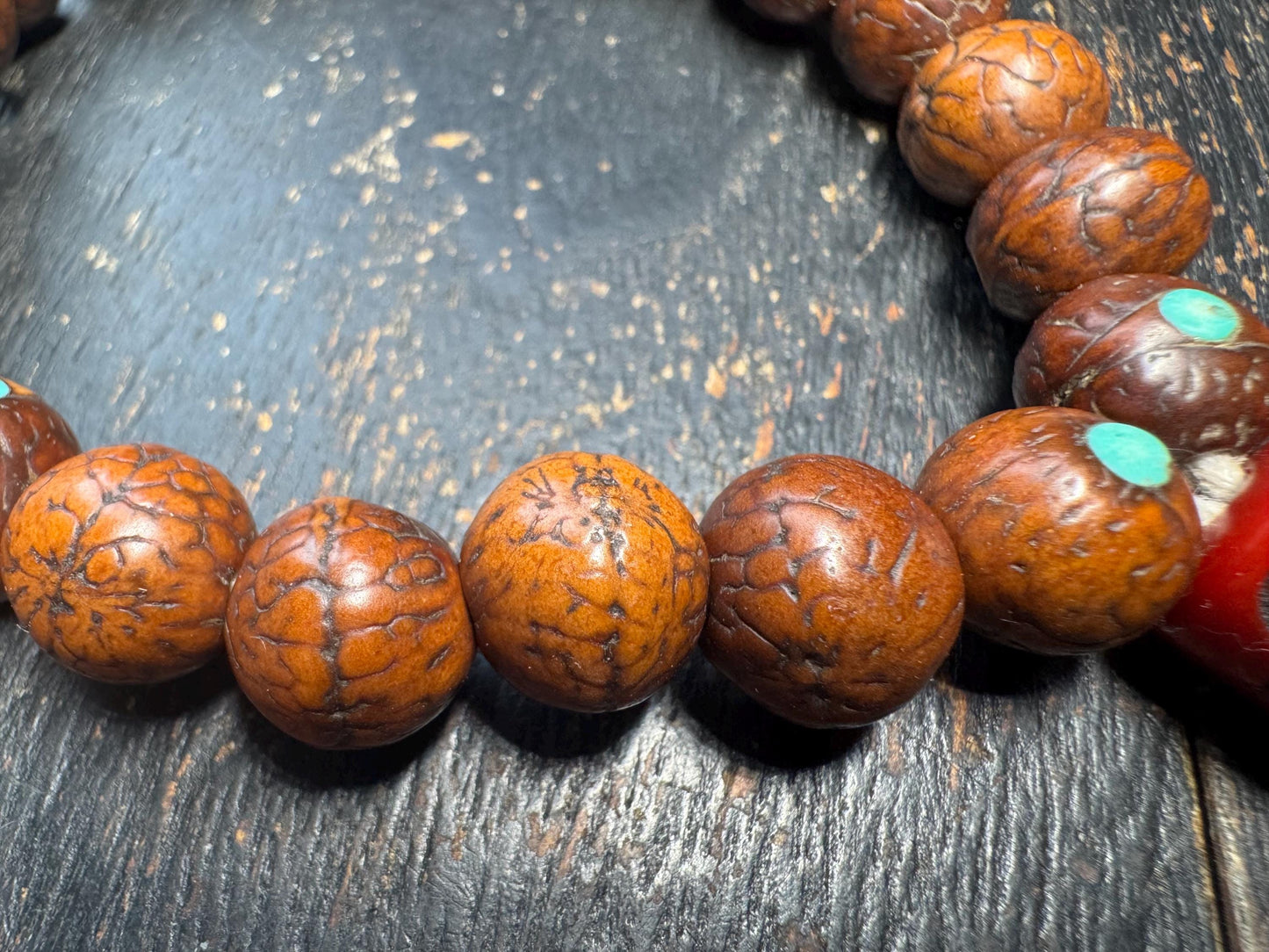 Bodhi Seed Bracelet with Resin Skull Guru Bead | Tibetan Style Mala Bracelet | Turquoise Inlay Prayer Beads | Adjustable Wrist Mala