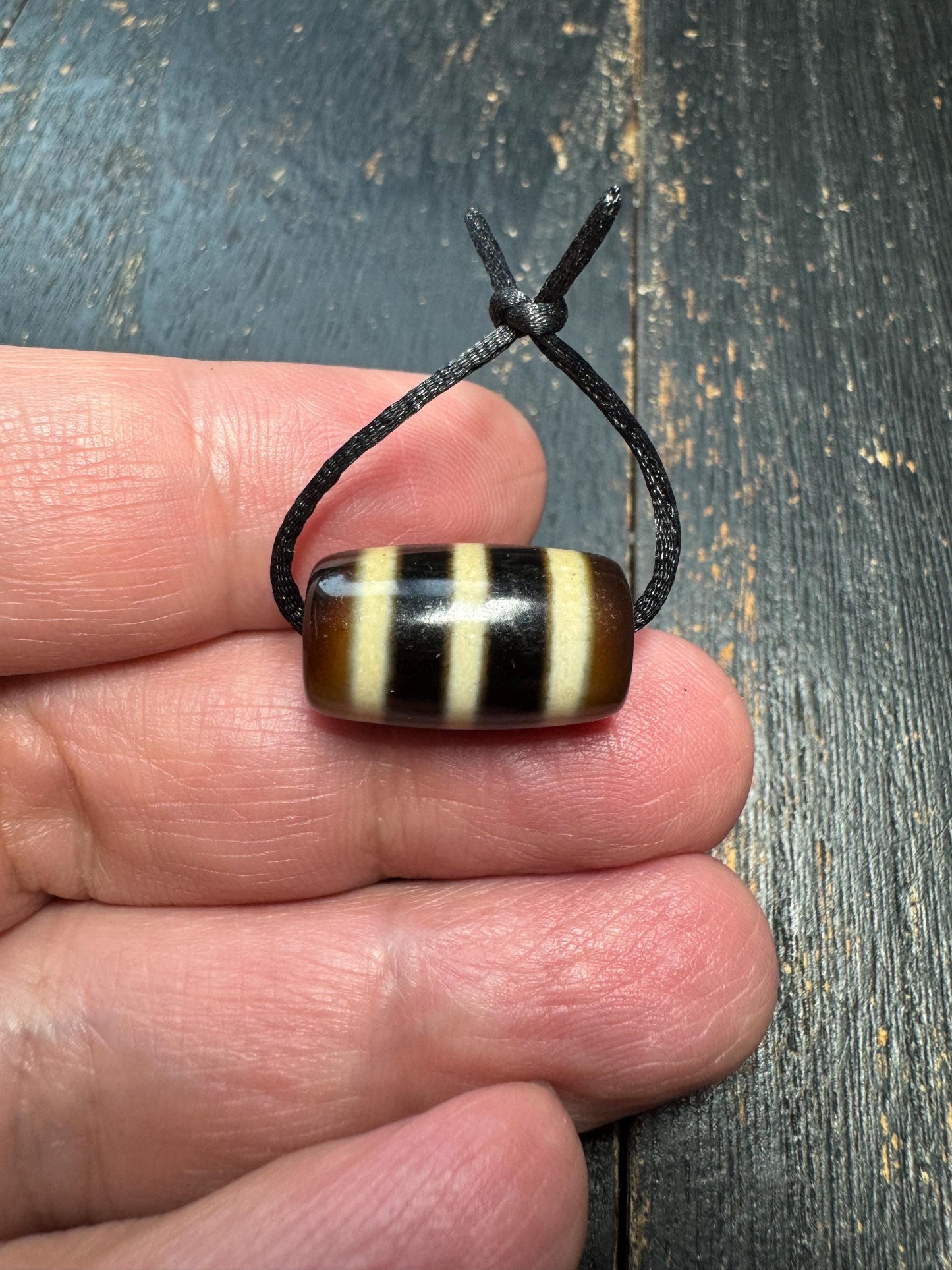 Striped Agate Dzi Style Bead Pendant | Tibetan Inspired Amulet | Brown & Ivory Banded Barrel Bead | Vintage Look Jewelry Supply