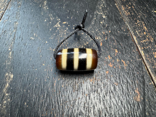 Striped Agate Dzi Style Bead Pendant | Tibetan Inspired Amulet | Brown & Ivory Banded Barrel Bead | Vintage Look Jewelry Supply