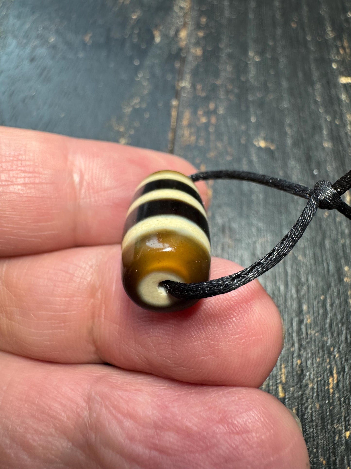 Striped Agate Dzi Style Bead Pendant | Tibetan Inspired Amulet | Brown & Ivory Banded Barrel Bead | Vintage Look Jewelry Supply