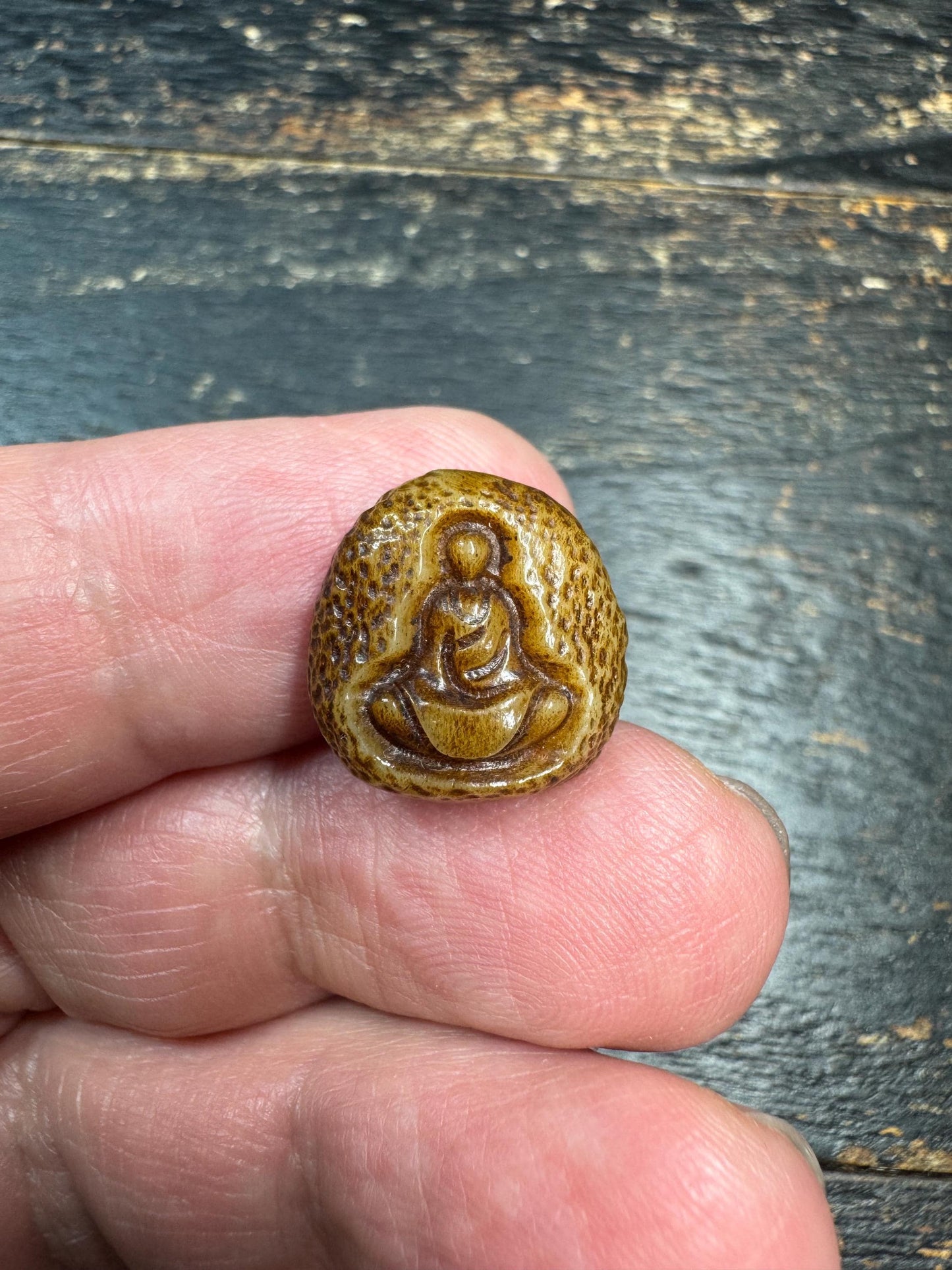 Hand Carved Yak Bone Buddha Bead 16mm, Meditating Buddha Flat Back Focal Bead, Tibetan Style Carved Bone Bead for Jewelry Making