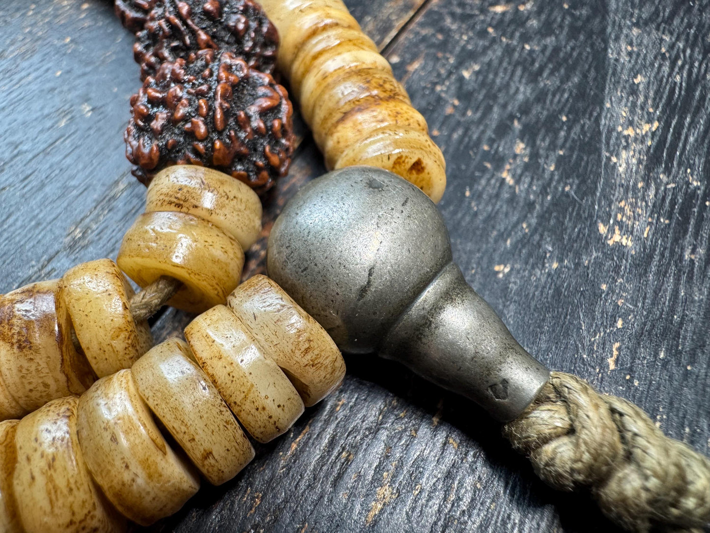 108 Yak Bone Mala Necklace with Rudraksha Spacer Beads, 12mm Tibetan Prayer Beads, Handmade Buddhist Meditation Mala, 26 Inches