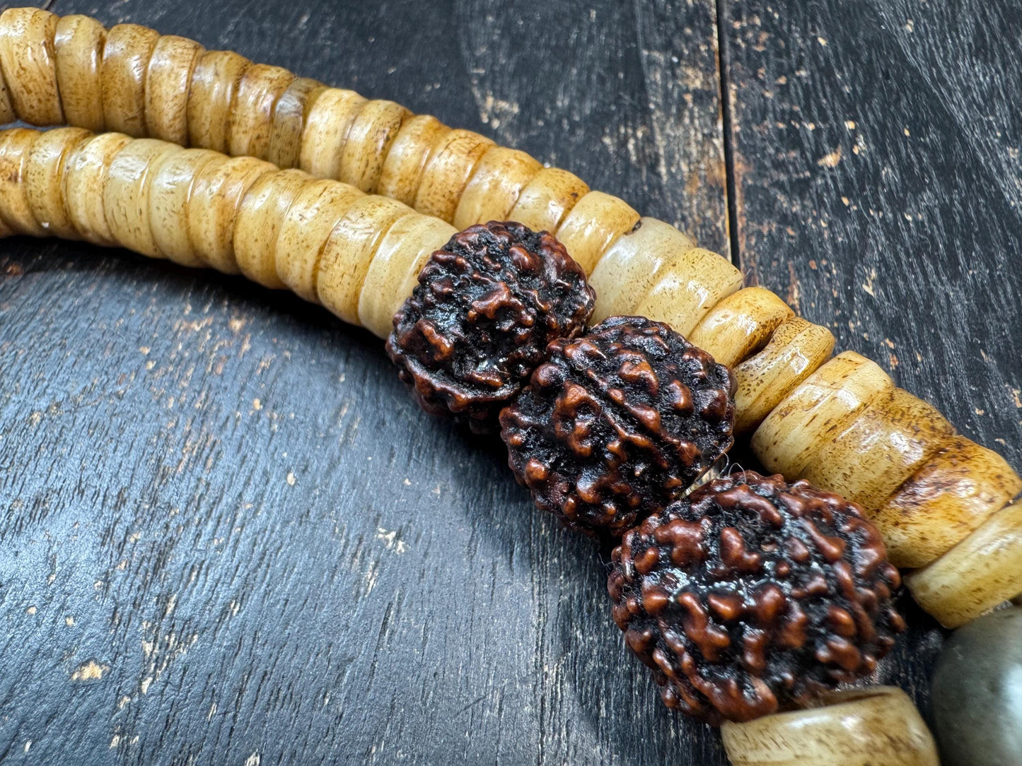 108 Yak Bone Mala Necklace with Rudraksha Spacer Beads, 12mm Tibetan Prayer Beads, Handmade Buddhist Meditation Mala, 26 Inches