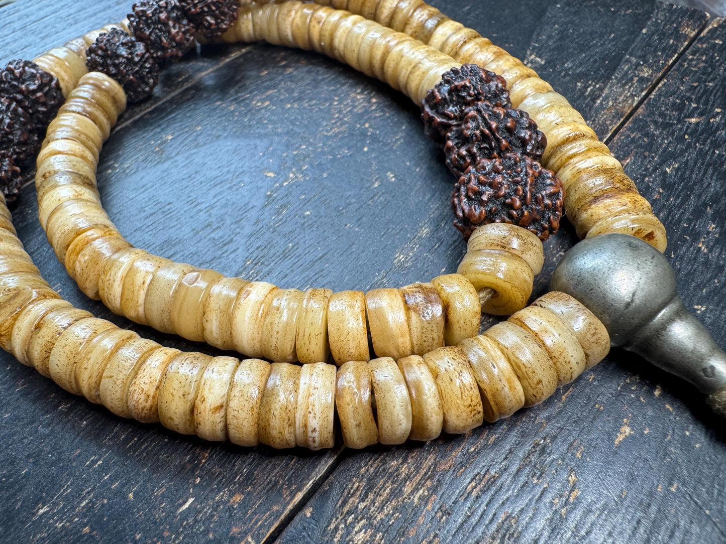 108 Yak Bone Mala Necklace with Rudraksha Spacer Beads, 12mm Tibetan Prayer Beads, Handmade Buddhist Meditation Mala, 26 Inches