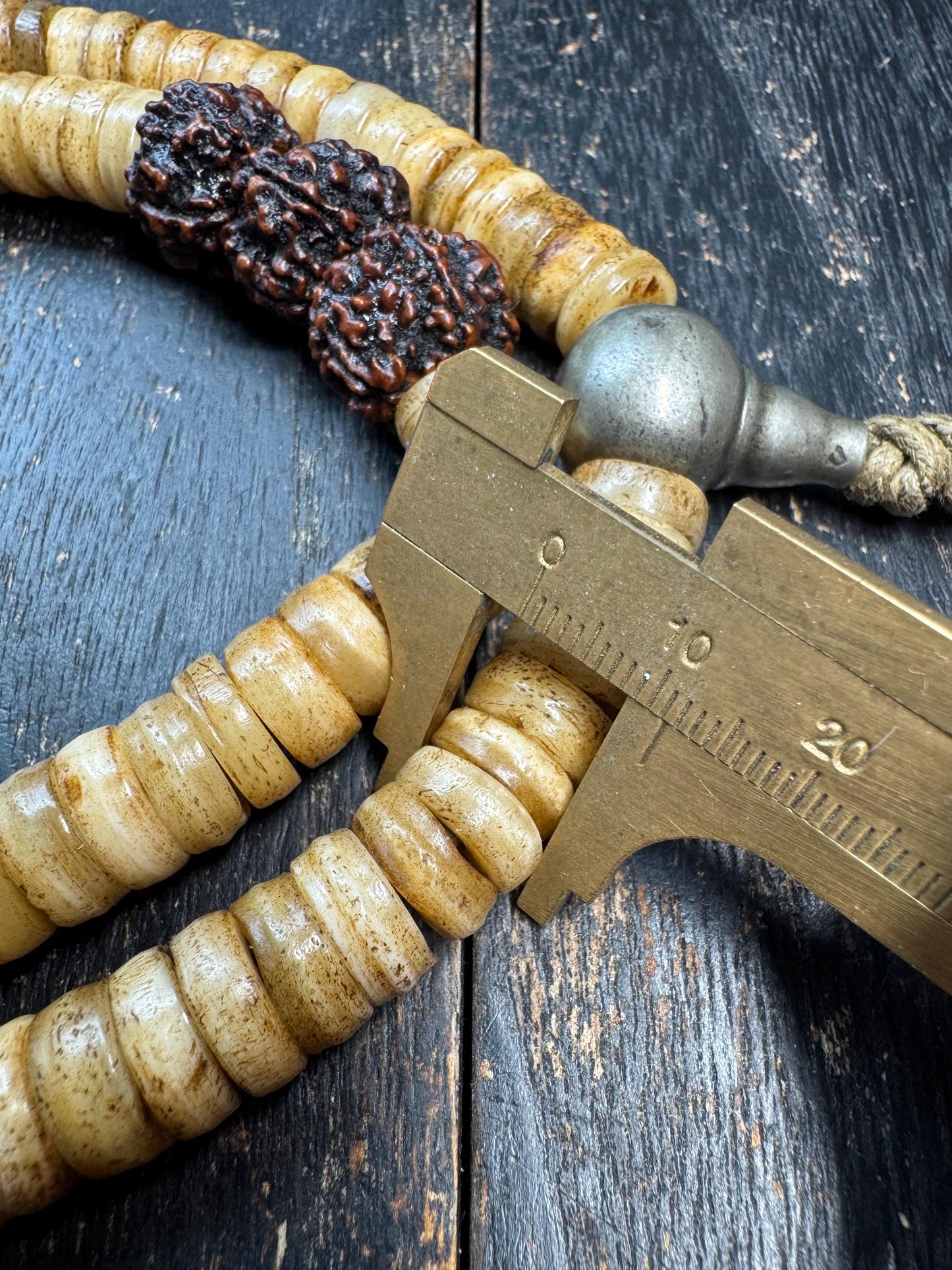 108 Yak Bone Mala Necklace with Rudraksha Spacer Beads, 12mm Tibetan Prayer Beads, Handmade Buddhist Meditation Mala, 26 Inches
