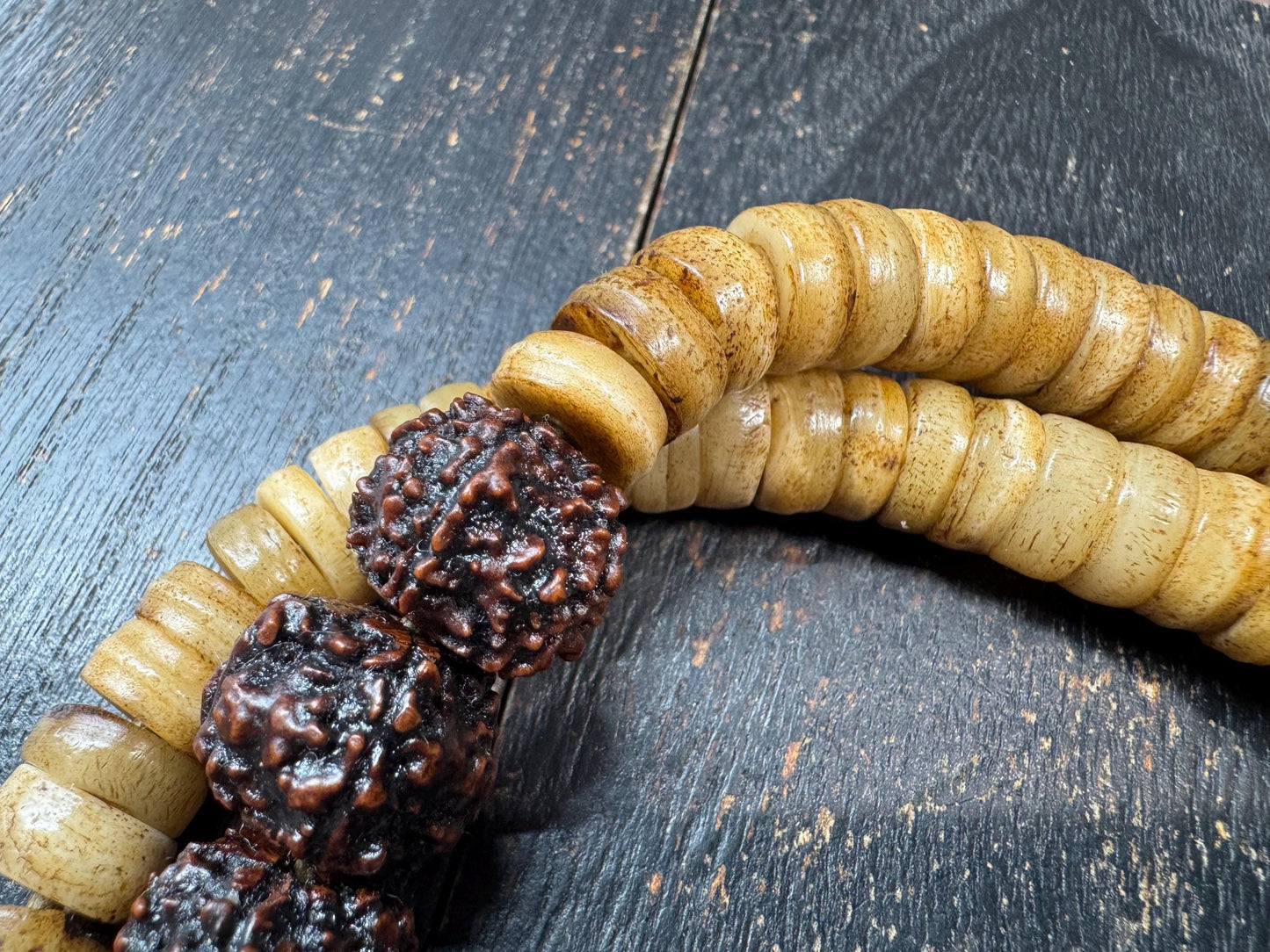 108 Yak Bone Mala Necklace with Rudraksha Spacer Beads, 12mm Tibetan Prayer Beads, Handmade Buddhist Meditation Mala, 26 Inches