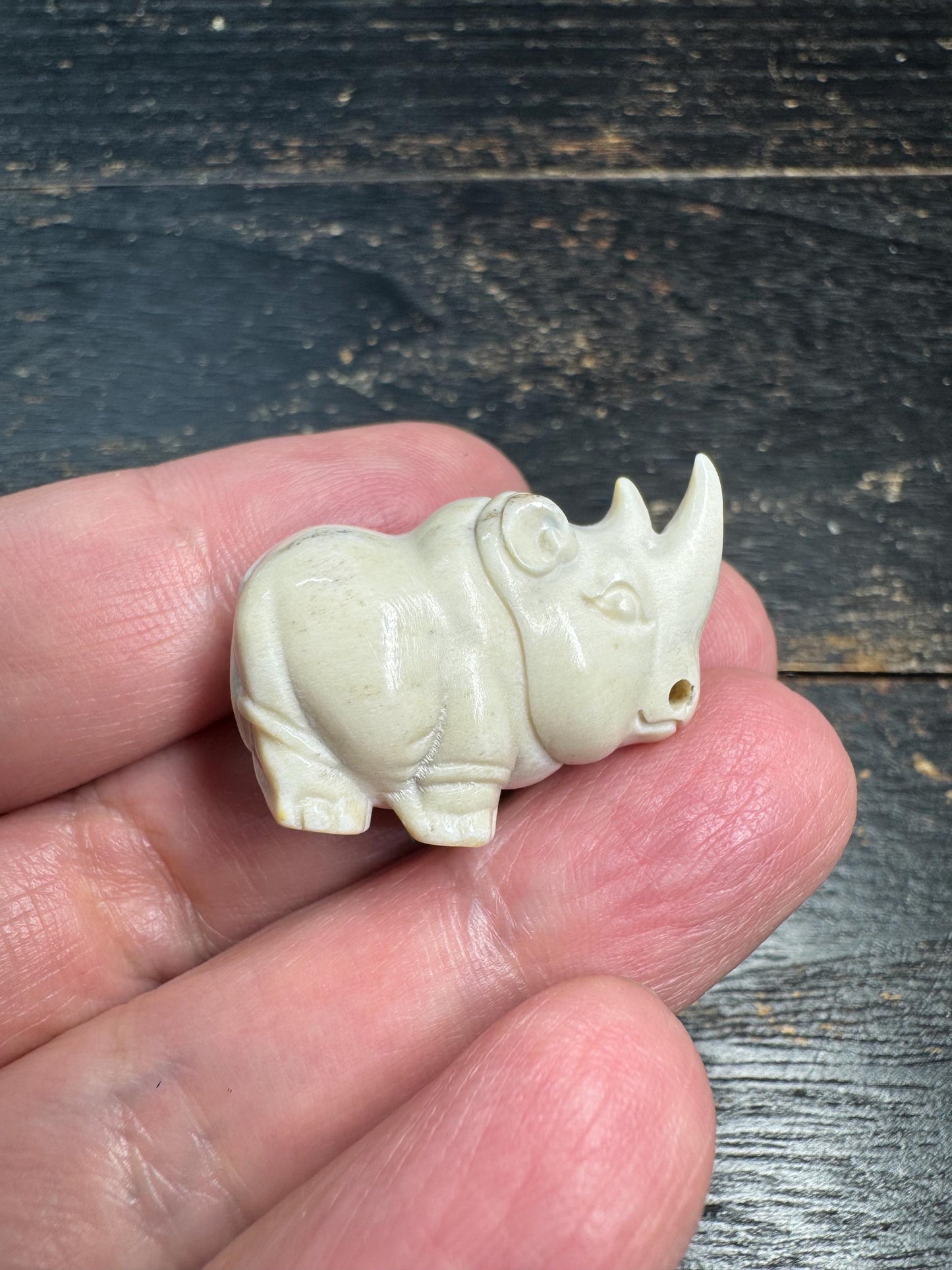 Hand Carved Deer Antler Rhino Pendant Mini Rhinoceros Figurine, Animal Totem Charm, Strength Protection Amulet, Unique Bone Carving