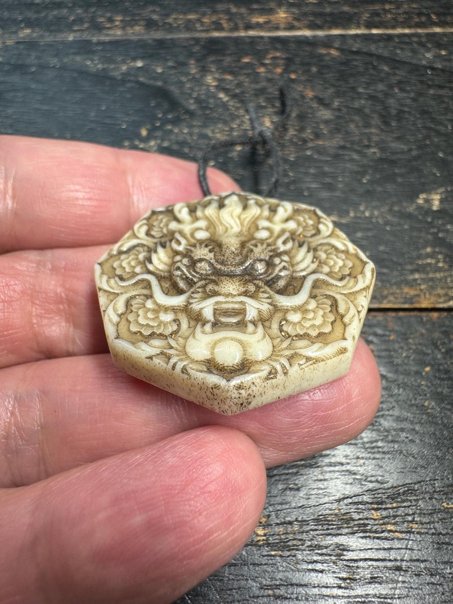 Hand Carved Dragon Face Deer Antler Pendant, Oriental Dragon Amulet, Protective Talisman Necklace, Vintage Style Relief Carving