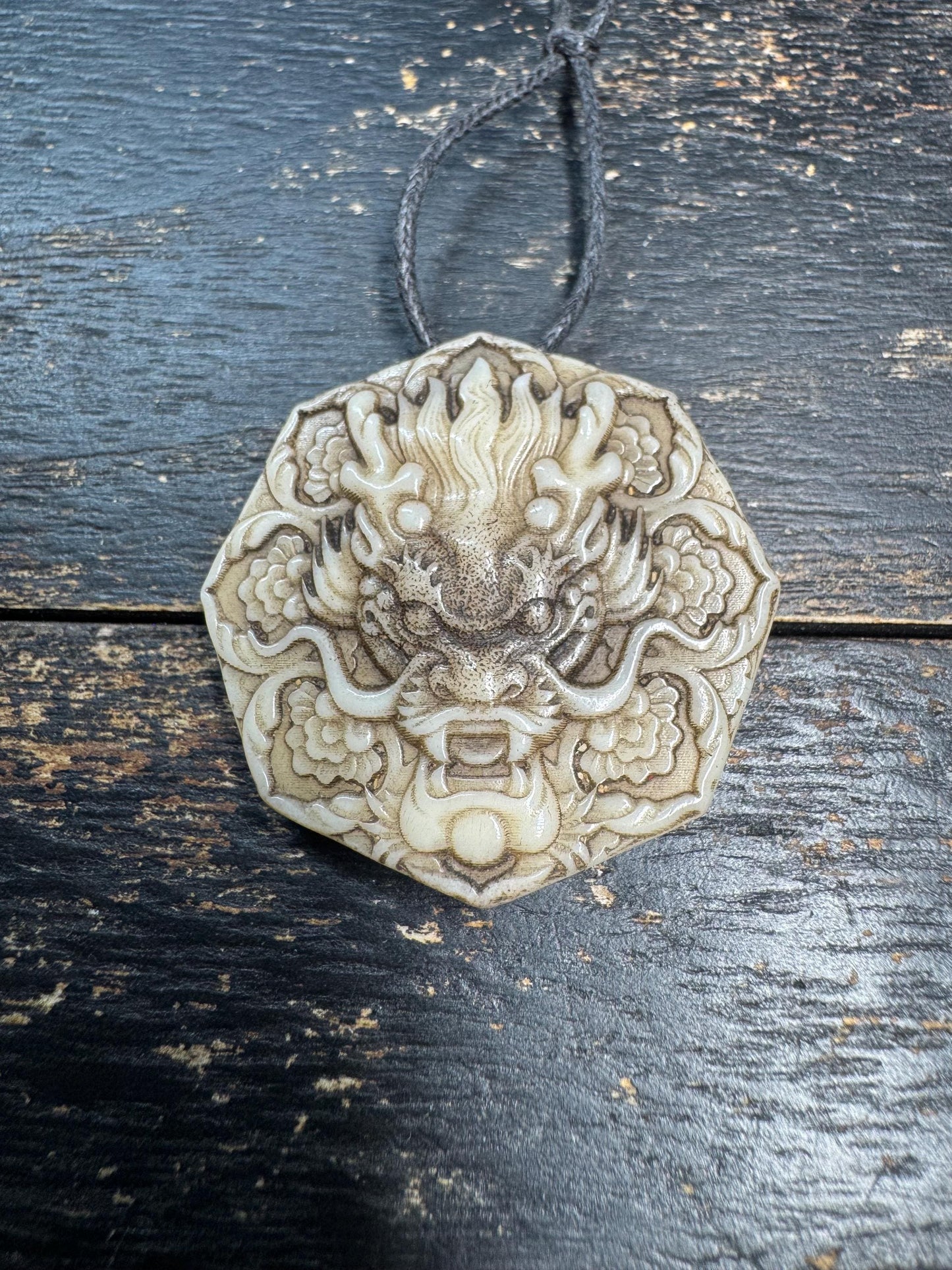 Hand Carved Dragon Face Deer Antler Pendant, Oriental Dragon Amulet, Protective Talisman Necklace, Vintage Style Relief Carving