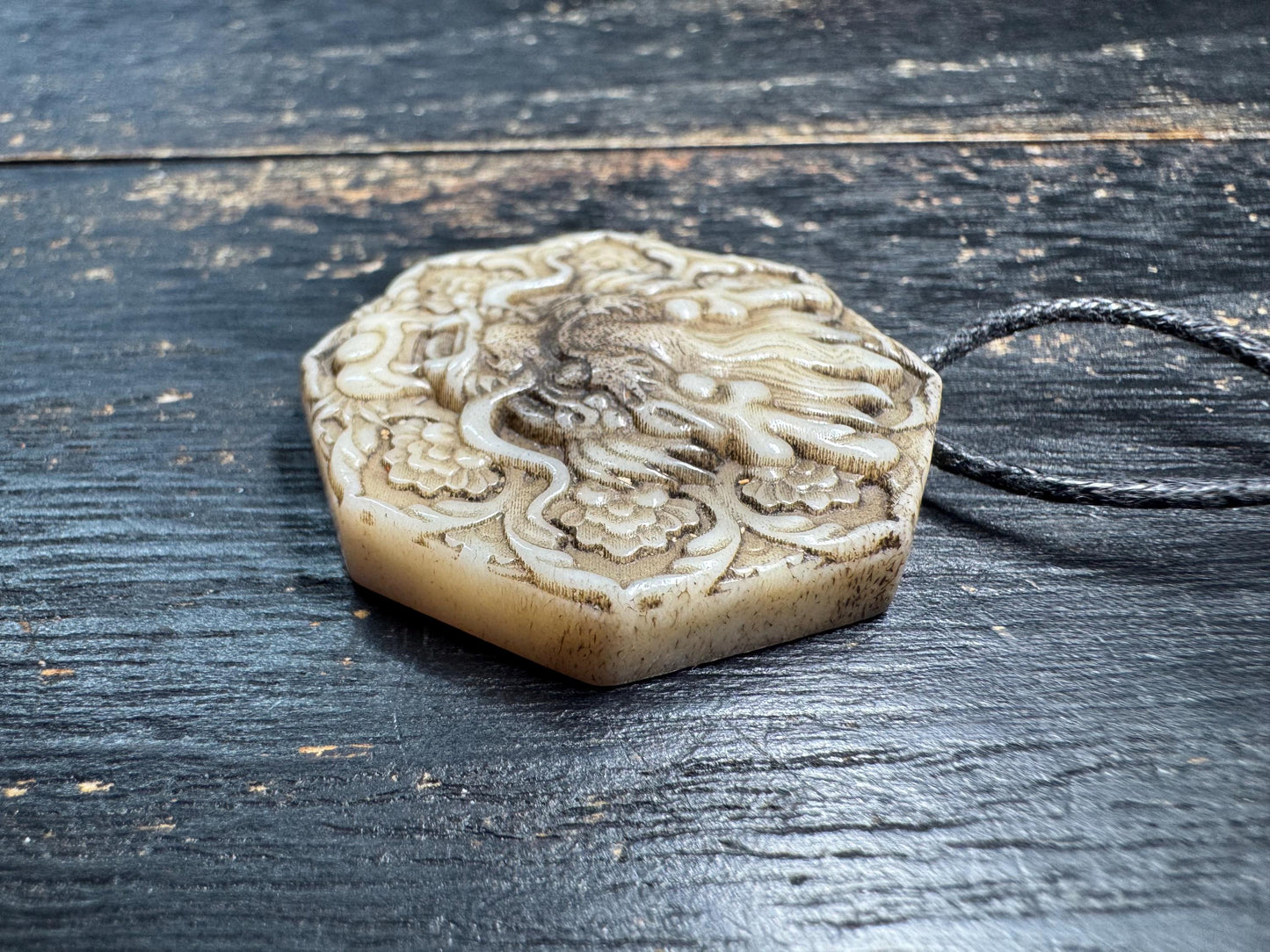 Hand Carved Dragon Face Deer Antler Pendant, Oriental Dragon Amulet, Protective Talisman Necklace, Vintage Style Relief Carving