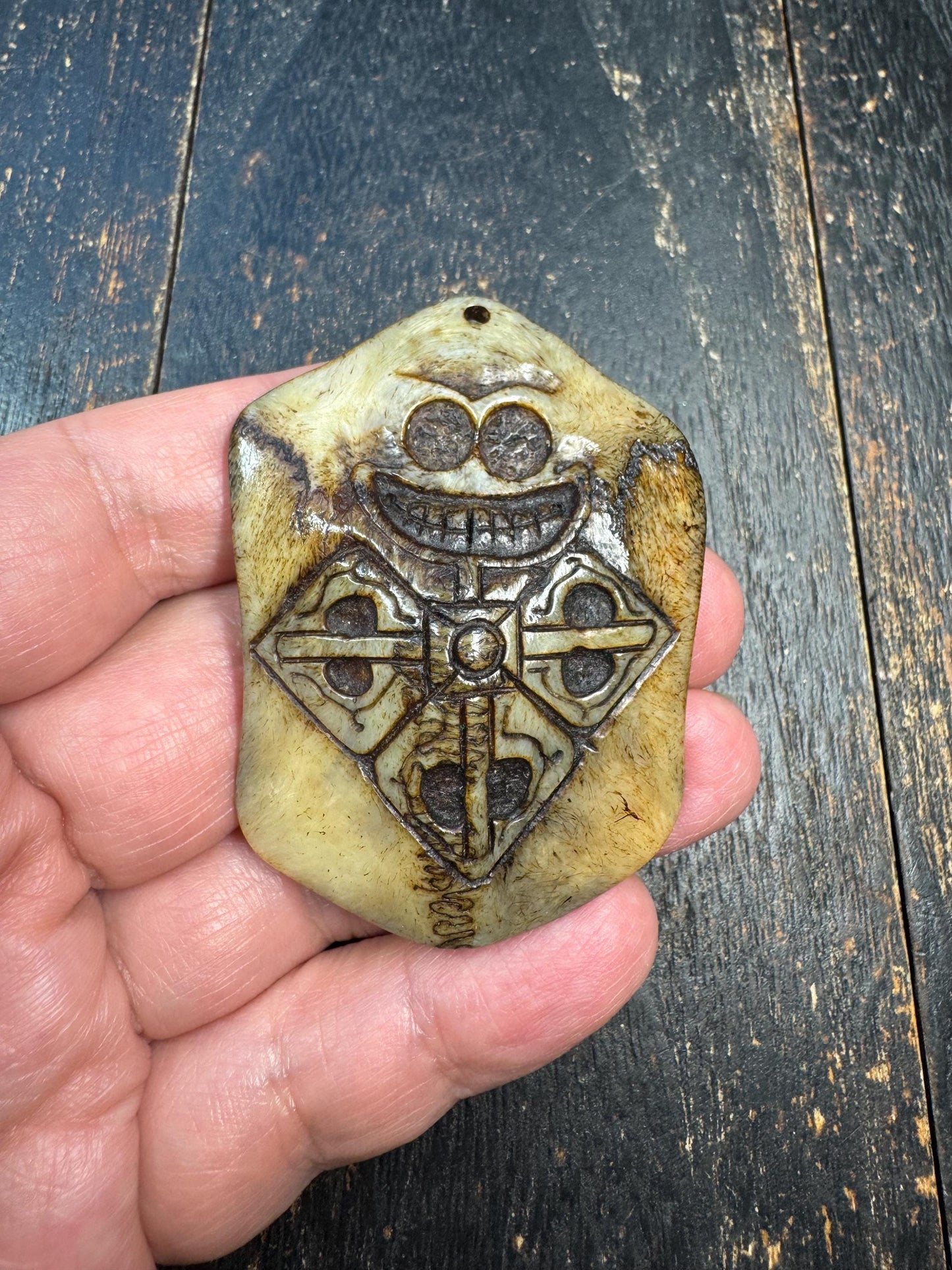 Hand Carved Deer Bone Amulet, Three Realms Symbol, Charnel Ground Skull & Vajra Motif, Tibetan Himalayan Protective Pendant