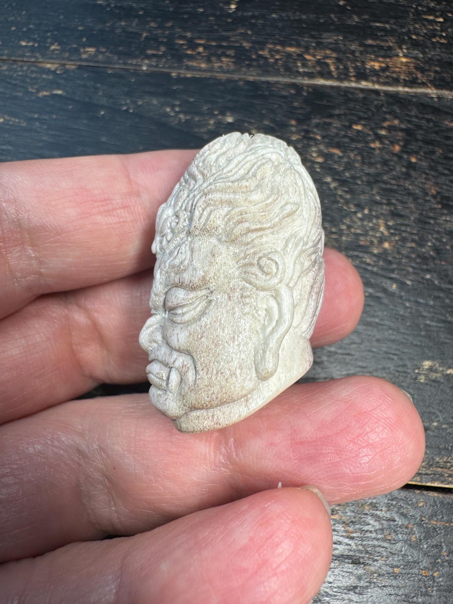 Hand Carved Deer Antler Wrathful Face Pendant, Tibetan Protector Deity Head, Himalayan Spiritual Amulet, Tribal Bone Carving