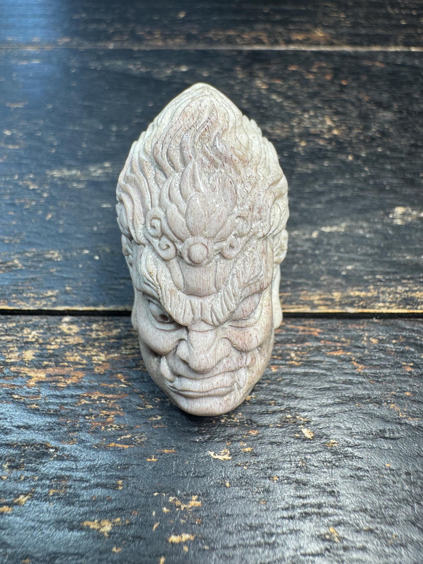 Hand Carved Deer Antler Wrathful Face Pendant, Tibetan Protector Deity Head, Himalayan Spiritual Amulet, Tribal Bone Carving