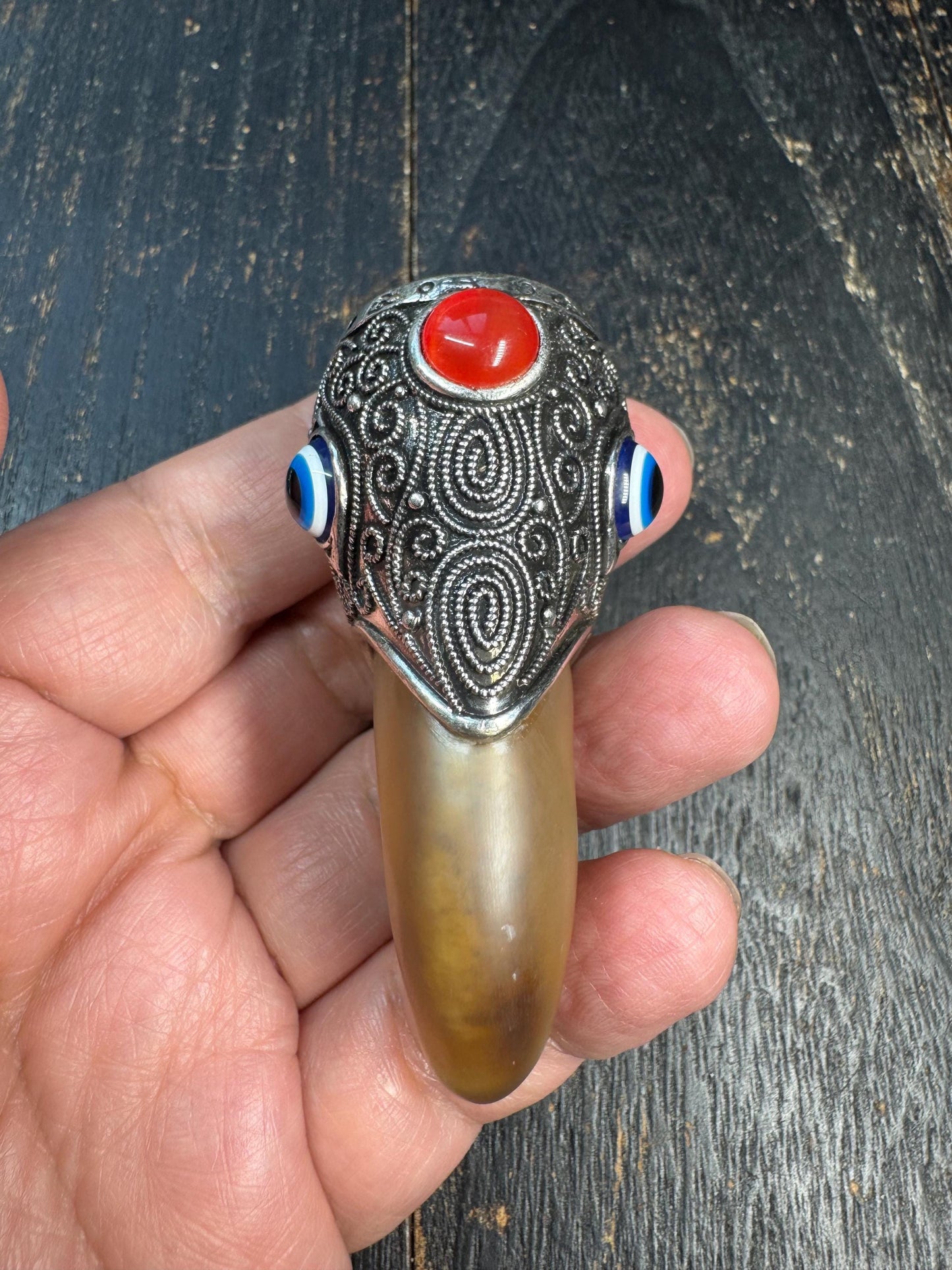Handcrafted Horn Pendant with Brass Cap, Tribal Eagle Beak Design, Statement Talisman Necklace, Vintage Style Amulet