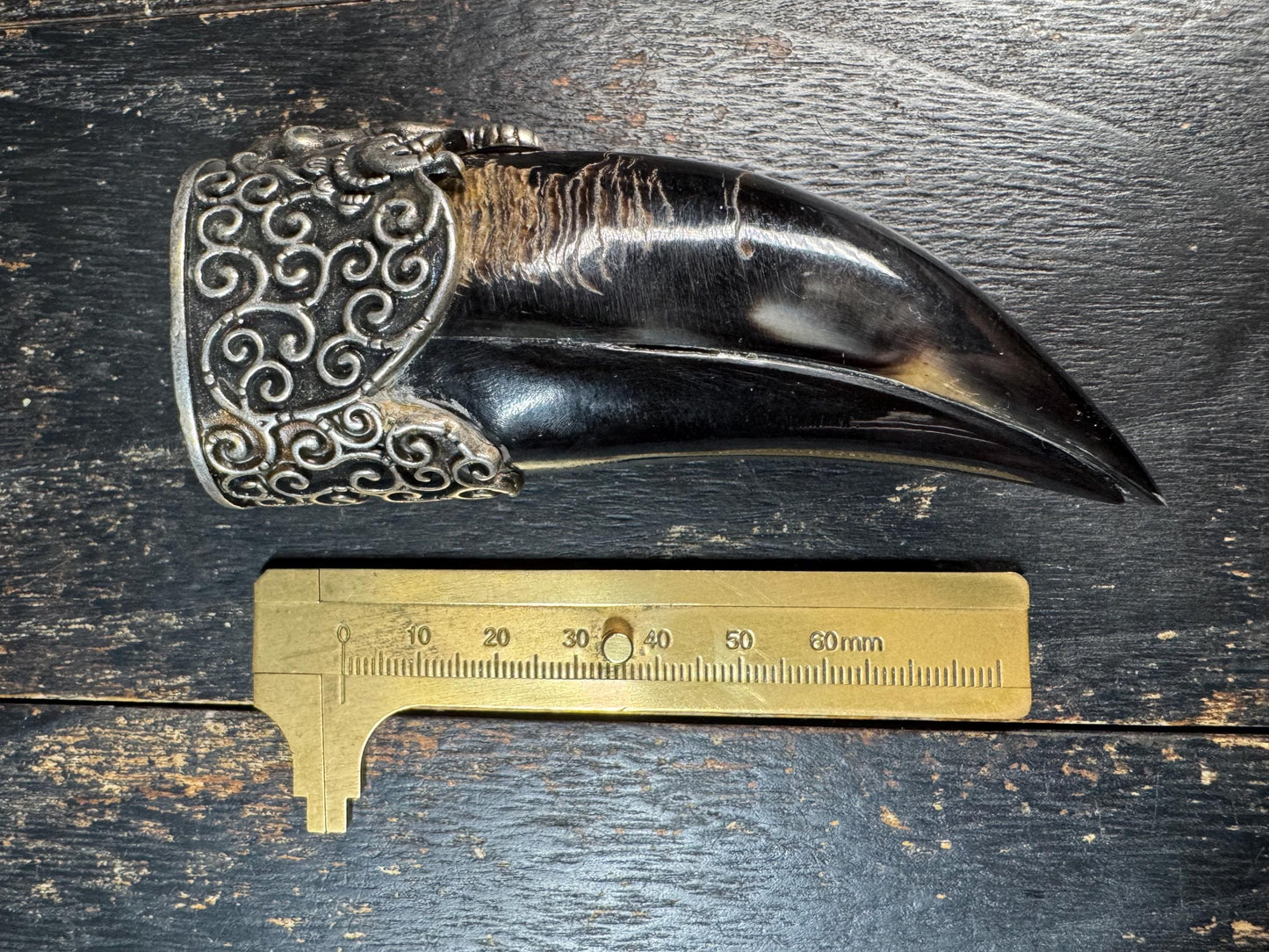 Eagle Beak Yak Horn Pendant with Brass Elephant Head, Tribal Tusk Amulet Necklace, Himalayan Style Protective Talisman, Statement Jewelry
