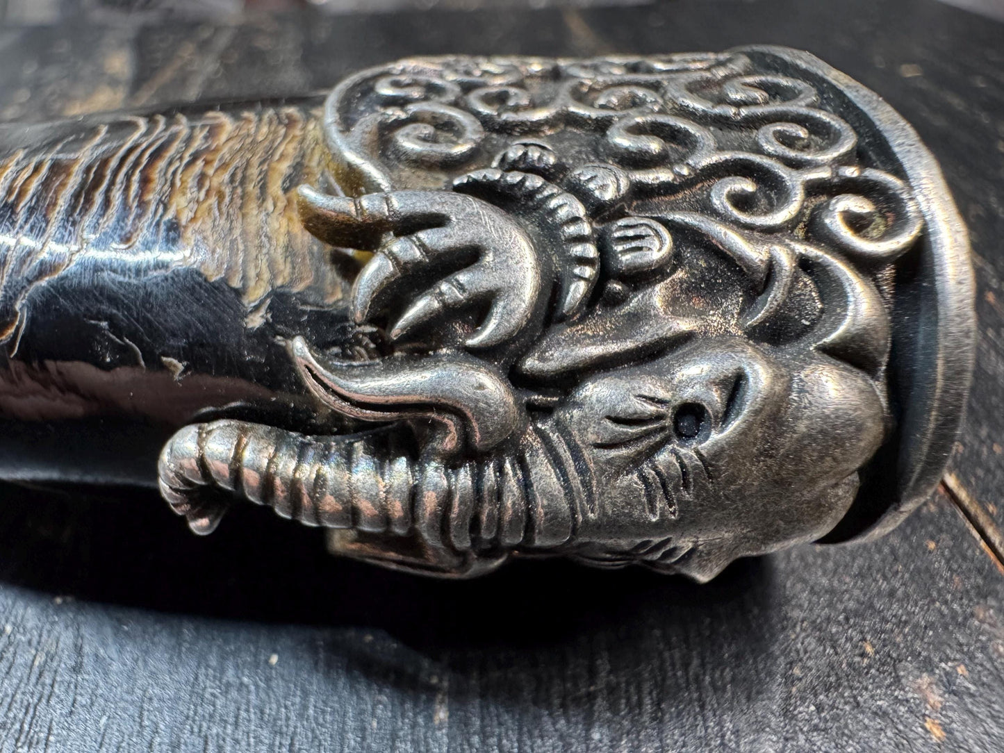 Eagle Beak Yak Horn Pendant with Brass Elephant Head, Tribal Tusk Amulet Necklace, Himalayan Style Protective Talisman, Statement Jewelry