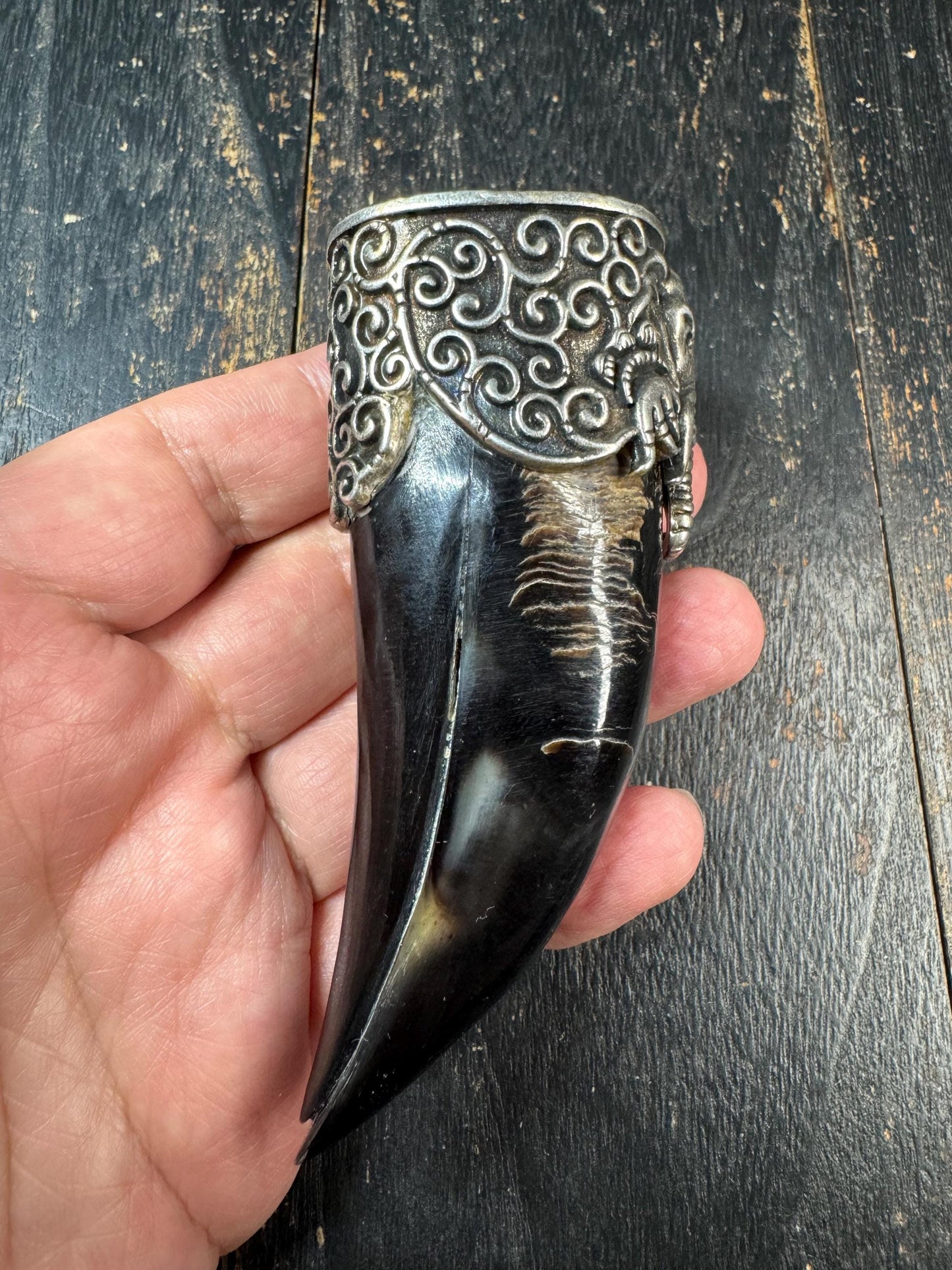 Eagle Beak Yak Horn Pendant with Brass Elephant Head, Tribal Tusk Amulet Necklace, Himalayan Style Protective Talisman, Statement Jewelry